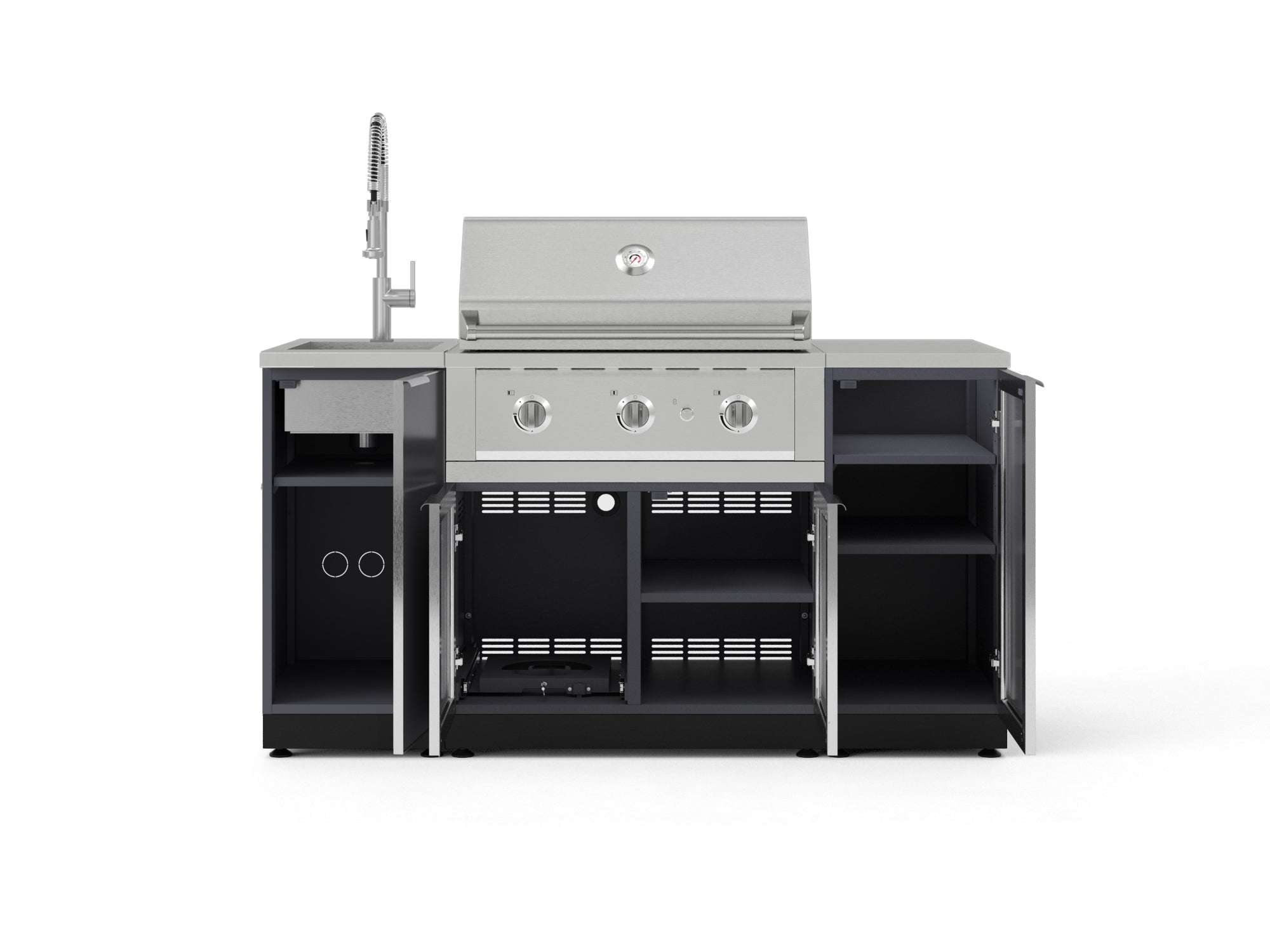 Outdoor Grill Island Aluminum 5 Piece Cabinet Set with Sink, 1 Door, Grill Cabinet, Performance Grill and Stainless Steel Countertop