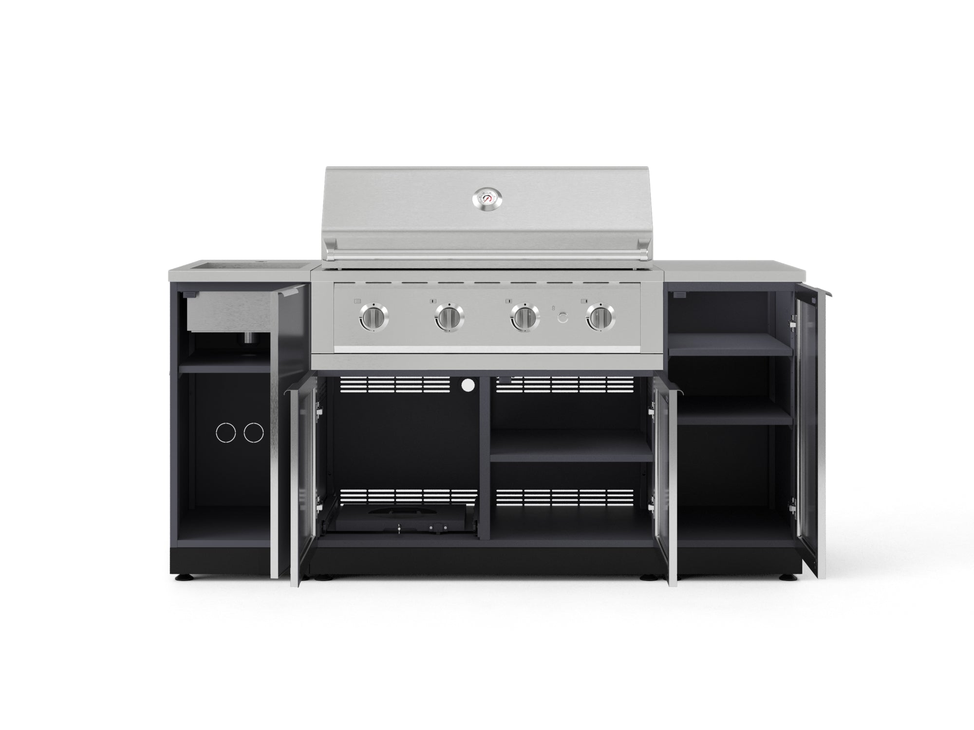 Outdoor Grill Island Aluminum 5 Piece Cabinet Set with Sink, 1 Door, Grill Cabinet, Performance Grill and Stainless Steel Countertop