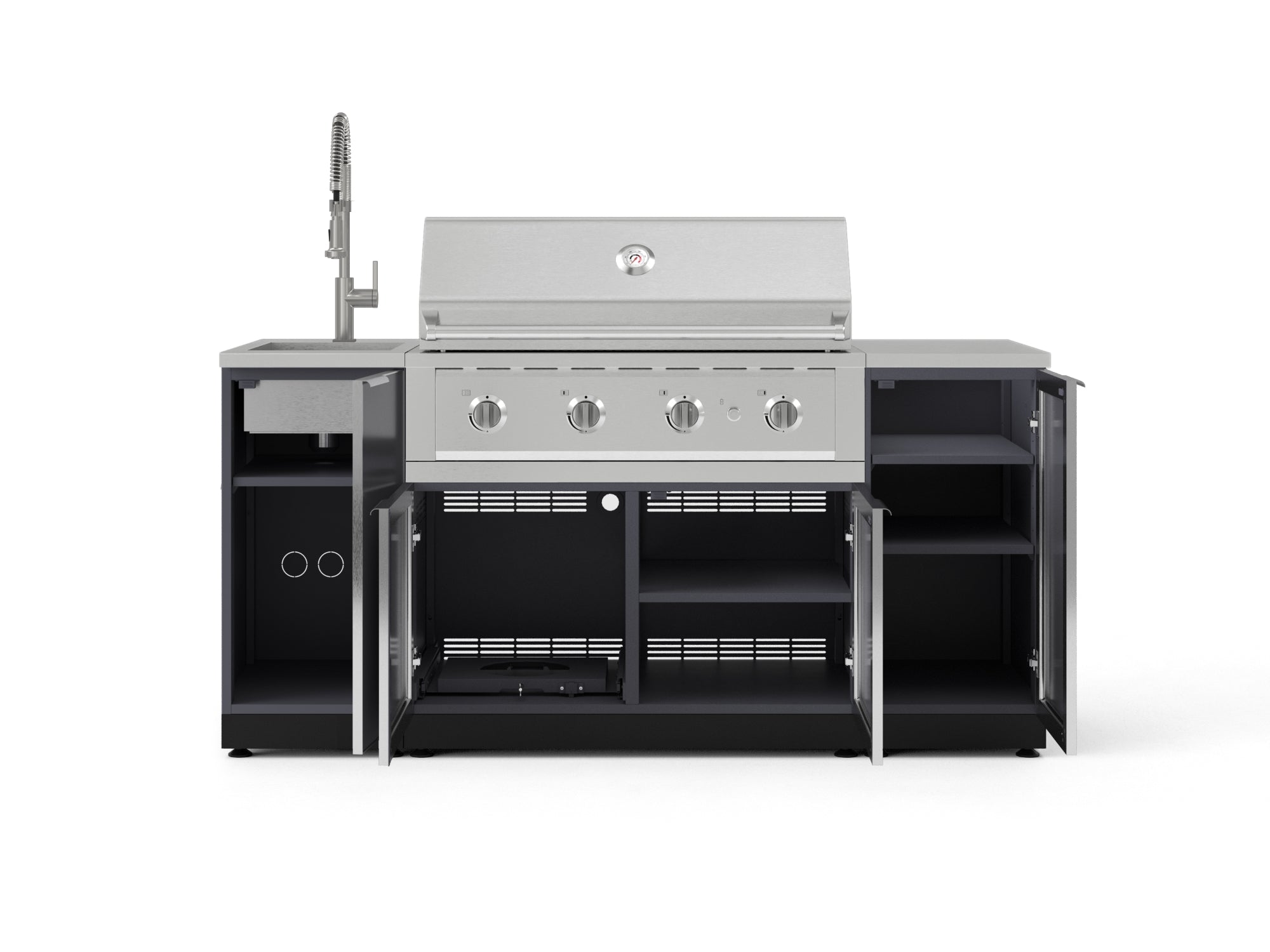 Outdoor Grill Island Aluminum 5 Piece Cabinet Set with Sink, 1 Door, Grill Cabinet, Performance Grill and Stainless Steel Countertop