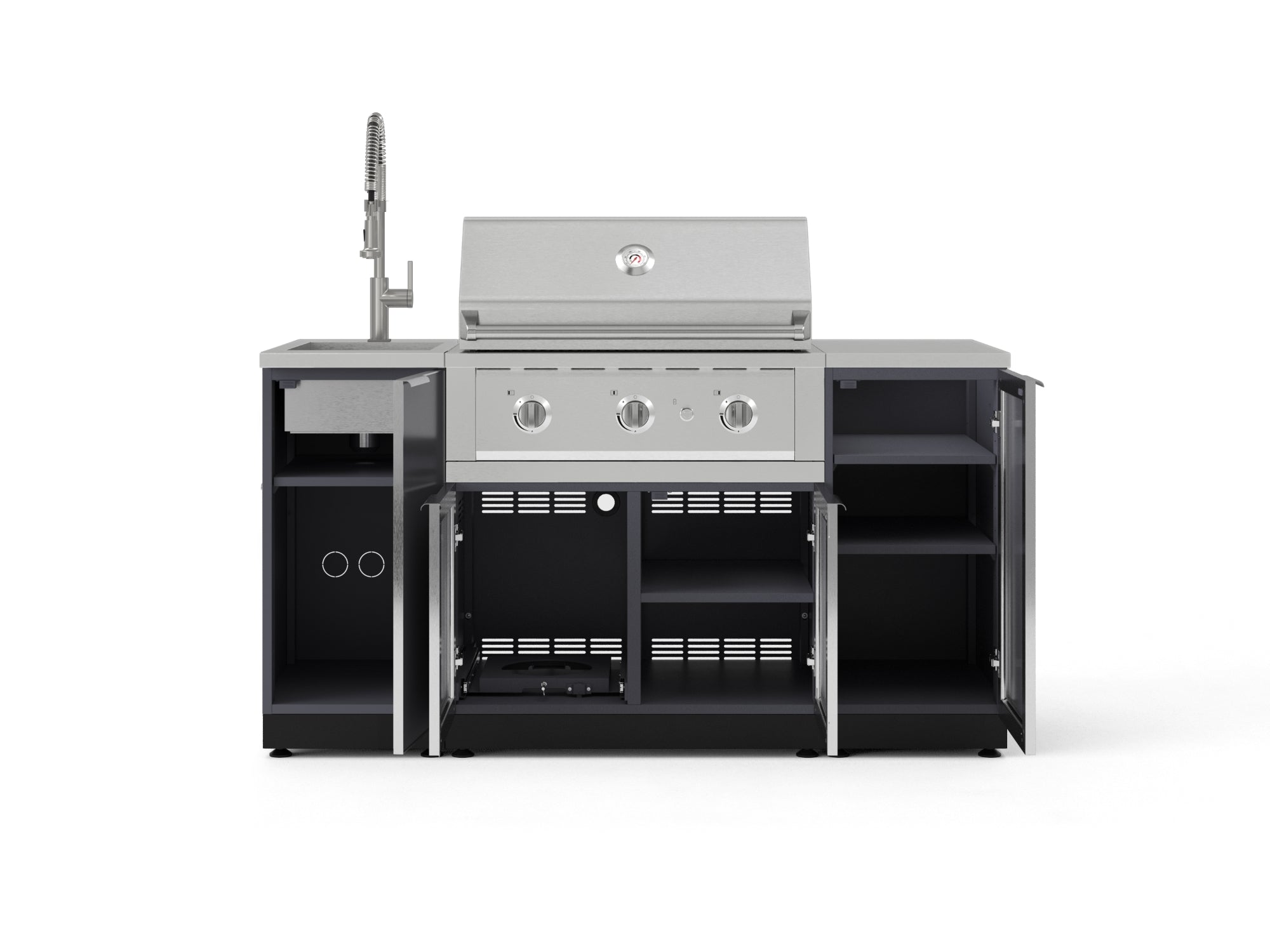 Outdoor Grill Island Aluminum 5 Piece Cabinet Set with Sink, 1 Door, Grill Cabinet, Performance Grill and Stainless Steel Countertop