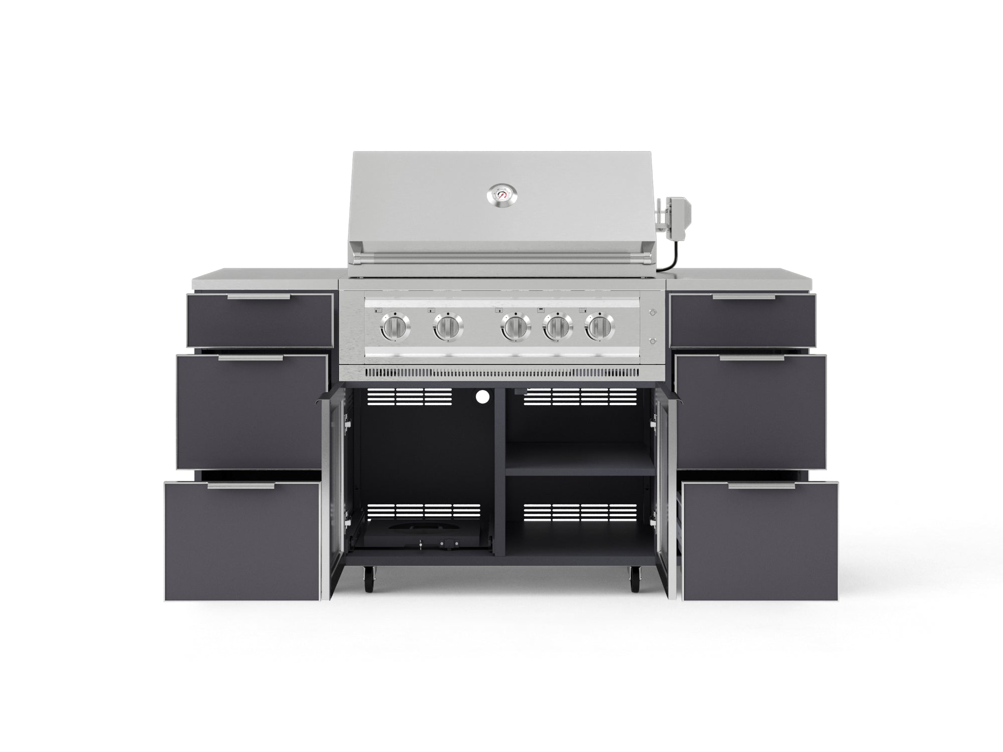 Outdoor Grill Island Aluminum 6 Piece Cabinet Set with Casters 3 Drawers, Grill Cabinet, Platinum Grill, Countertops