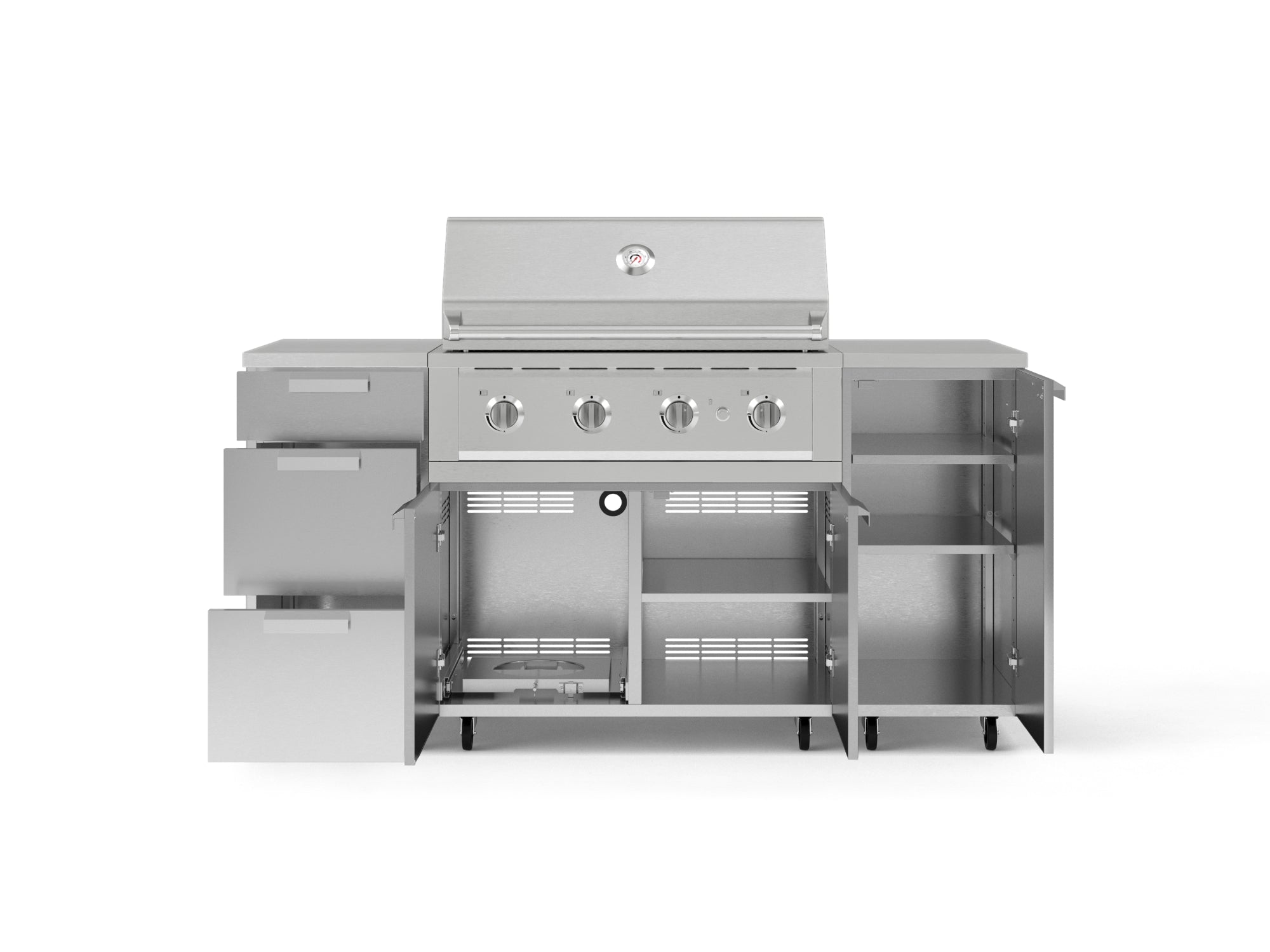 Outdoor Grill Island Stainless-Steel 6 Piece Cabinet Set with Casters 1 Door, 3 Drawer, Grill Cabinet, Performance Grill, Countertops