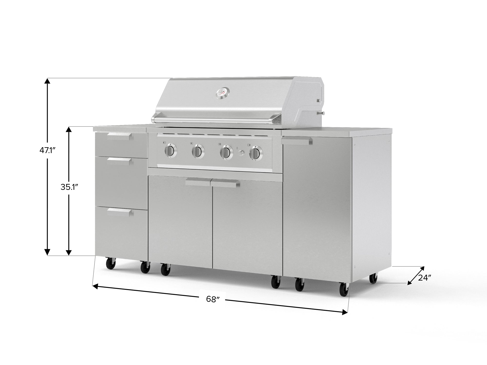 Outdoor Grill Island Stainless-Steel 6 Piece Cabinet Set with Casters 1 Door, 3 Drawer, Grill Cabinet, Performance Grill, Countertops