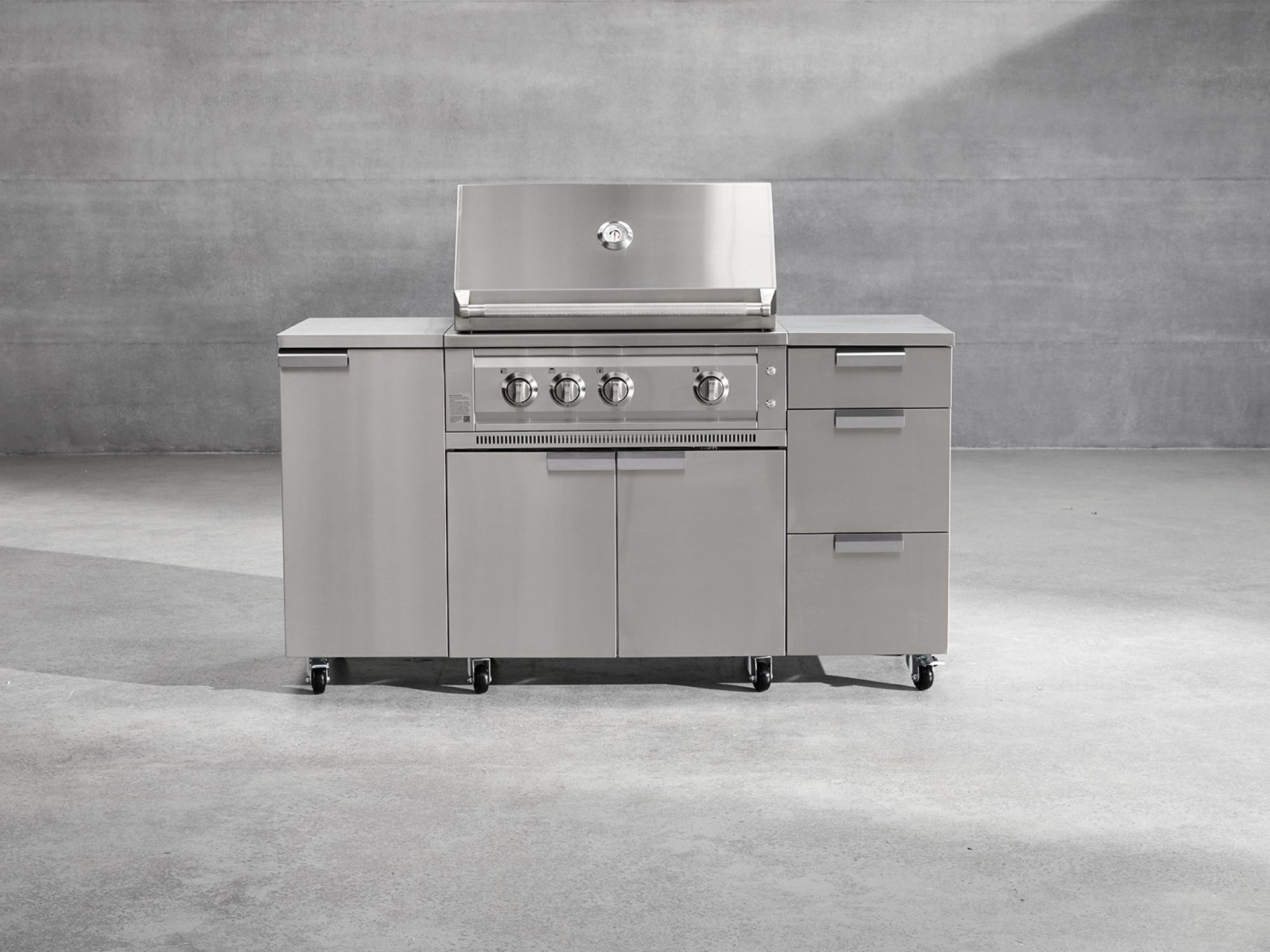Outdoor Grill Island Stainless-Steel 6 Piece Cabinet Set with Casters 1 Door, 3 Drawer, Grill Cabinet, Performance Grill, Countertops