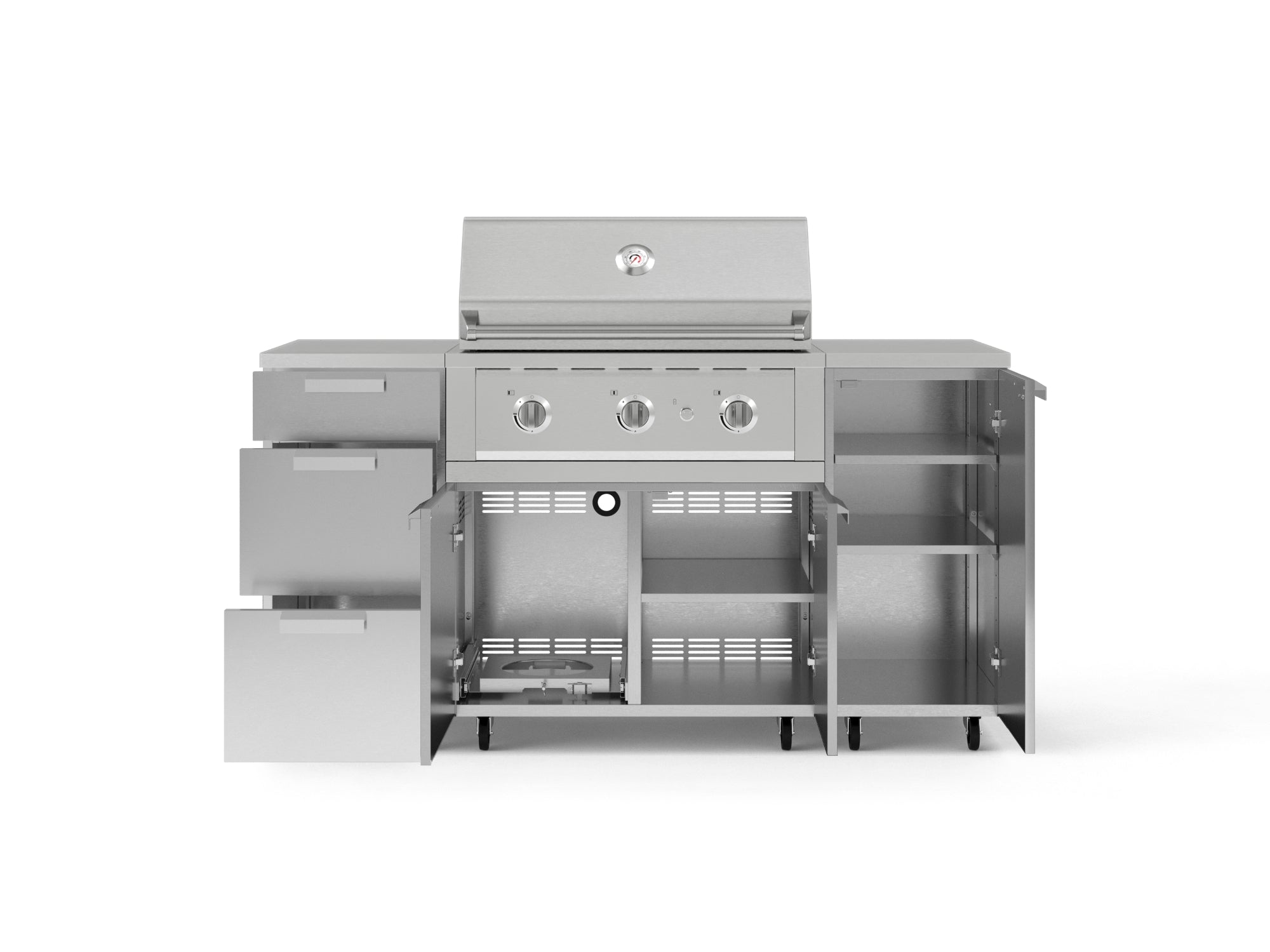 Outdoor Grill Island Stainless-Steel 6 Piece Cabinet Set with Casters 1 Door, 3 Drawer, Grill Cabinet, Performance Grill, Countertops