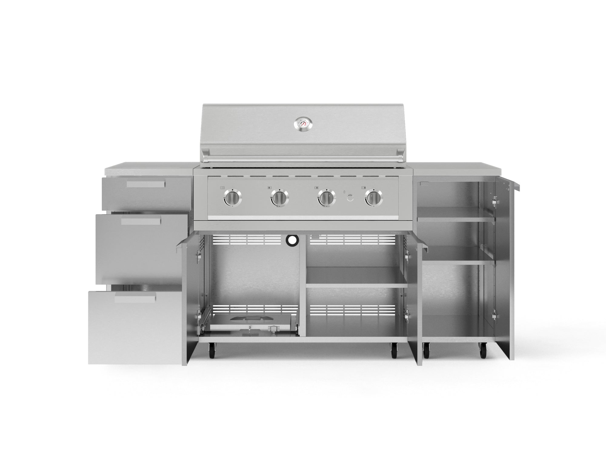 Outdoor Grill Island Stainless-Steel 6 Piece Cabinet Set with Casters 1 Door, 3 Drawer, Grill Cabinet, Performance Grill, Countertops