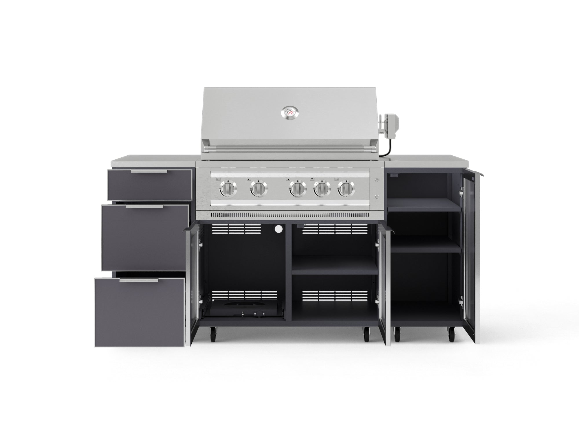 Outdoor Grill Island Aluminum 6 Piece Cabinet Set with Casters 1 Door, 3 Drawer, Grill Cabinet, Platinum Grill, Countertops