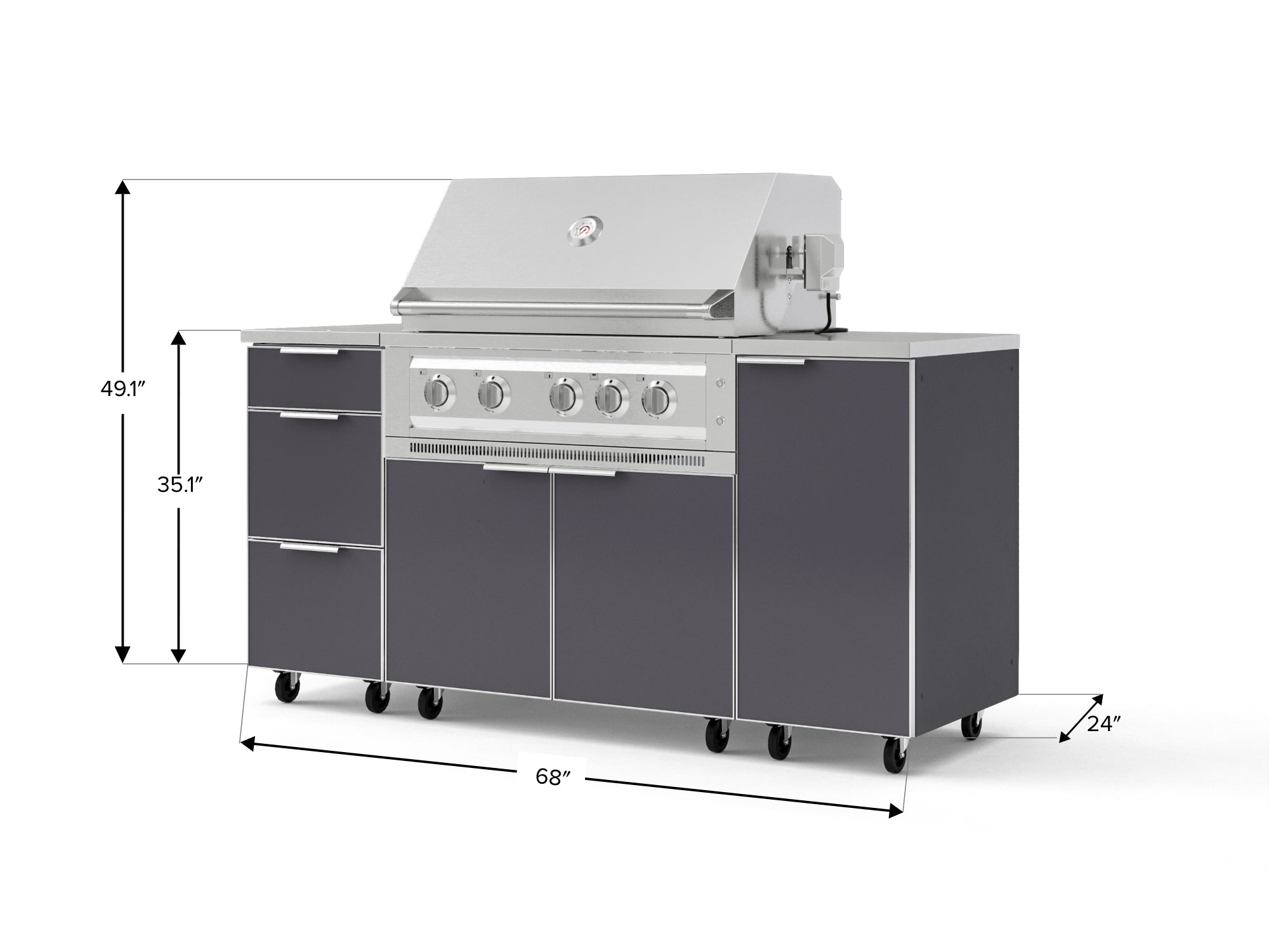 Outdoor Grill Island Aluminum 6 Piece Cabinet Set with Casters 1 Door, 3 Drawer, Grill Cabinet, Platinum Grill, Countertops
