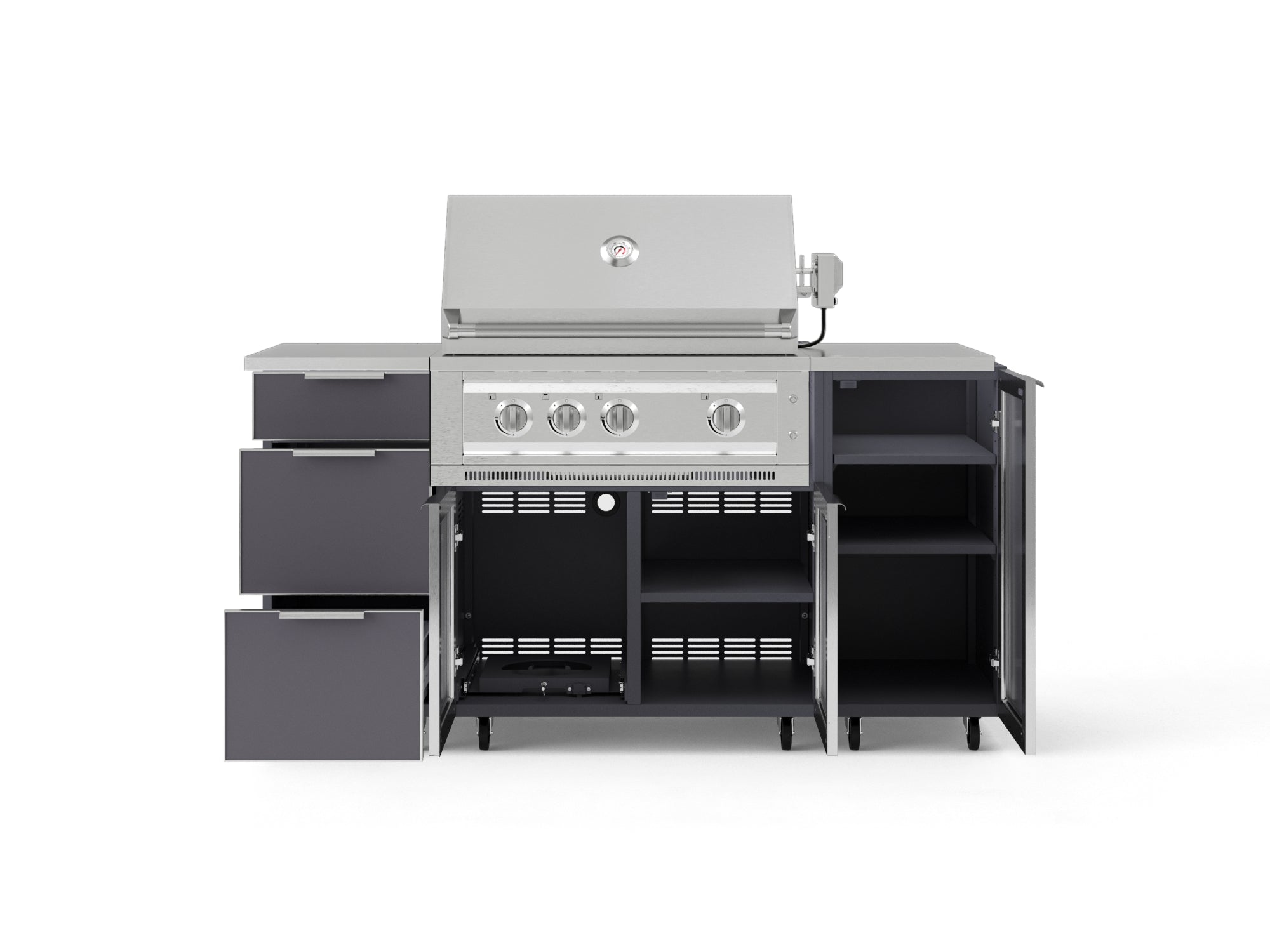 Outdoor Grill Island Aluminum 6 Piece Cabinet Set with Casters 1 Door, 3 Drawer, Grill Cabinet, Platinum Grill, Countertops