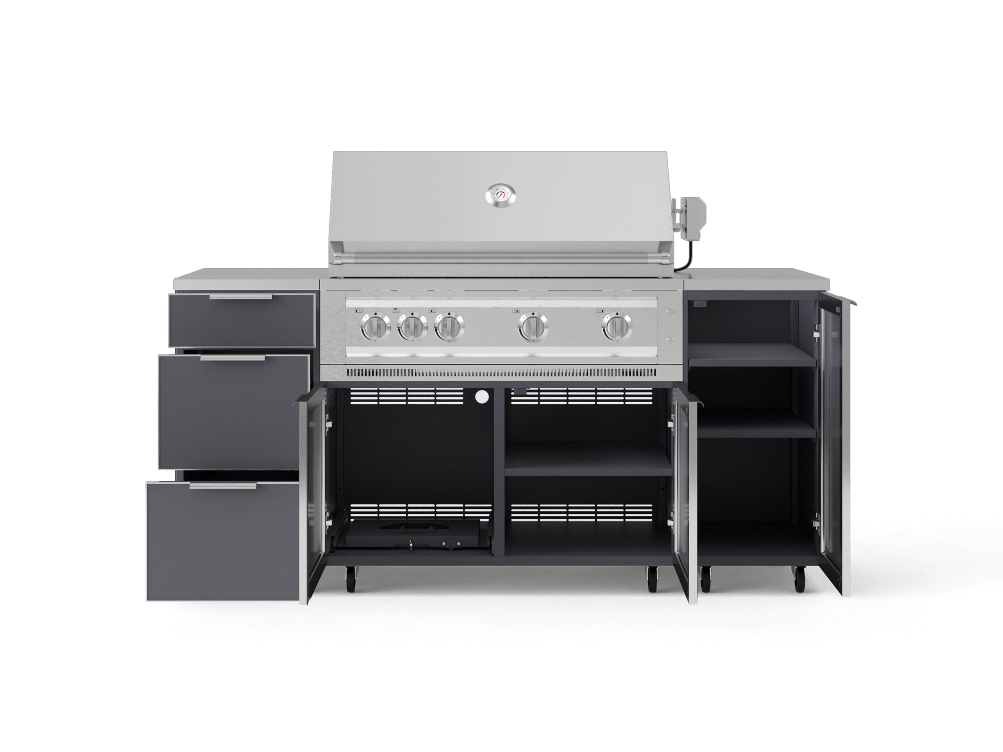 Outdoor Grill Island Aluminum 6 Piece Cabinet Set with Casters 1 Door, 3 Drawer, Grill Cabinet, Platinum Grill, Countertops