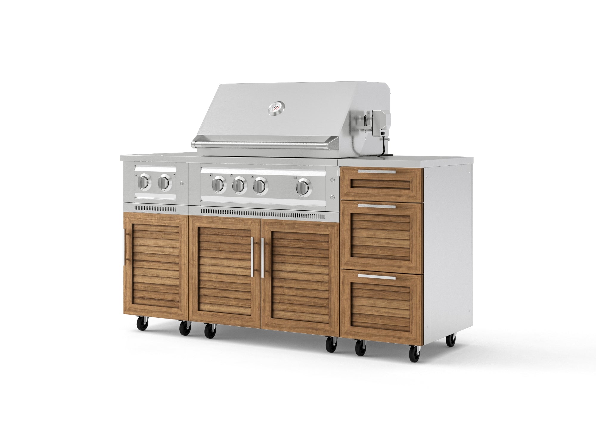 Outdoor Grill Island Stainless-Steel Louvered Doors 6 Piece Cabinet Set with Casters and 3-Drawer, Grill Cabinet, Platinum Grill, Dual Side Burner, Countertop