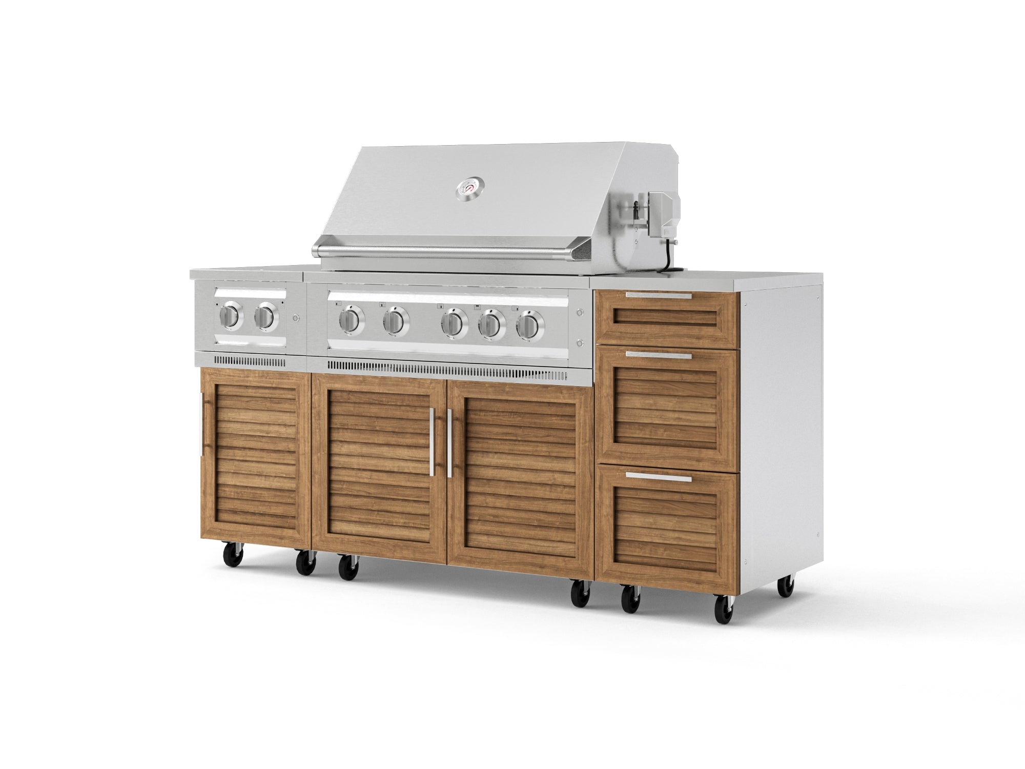 Outdoor Grill Island Stainless-Steel Louvered Doors 6 Piece Cabinet Set with Casters and 3-Drawer, Grill Cabinet, Platinum Grill, Dual Side Burner, Countertop