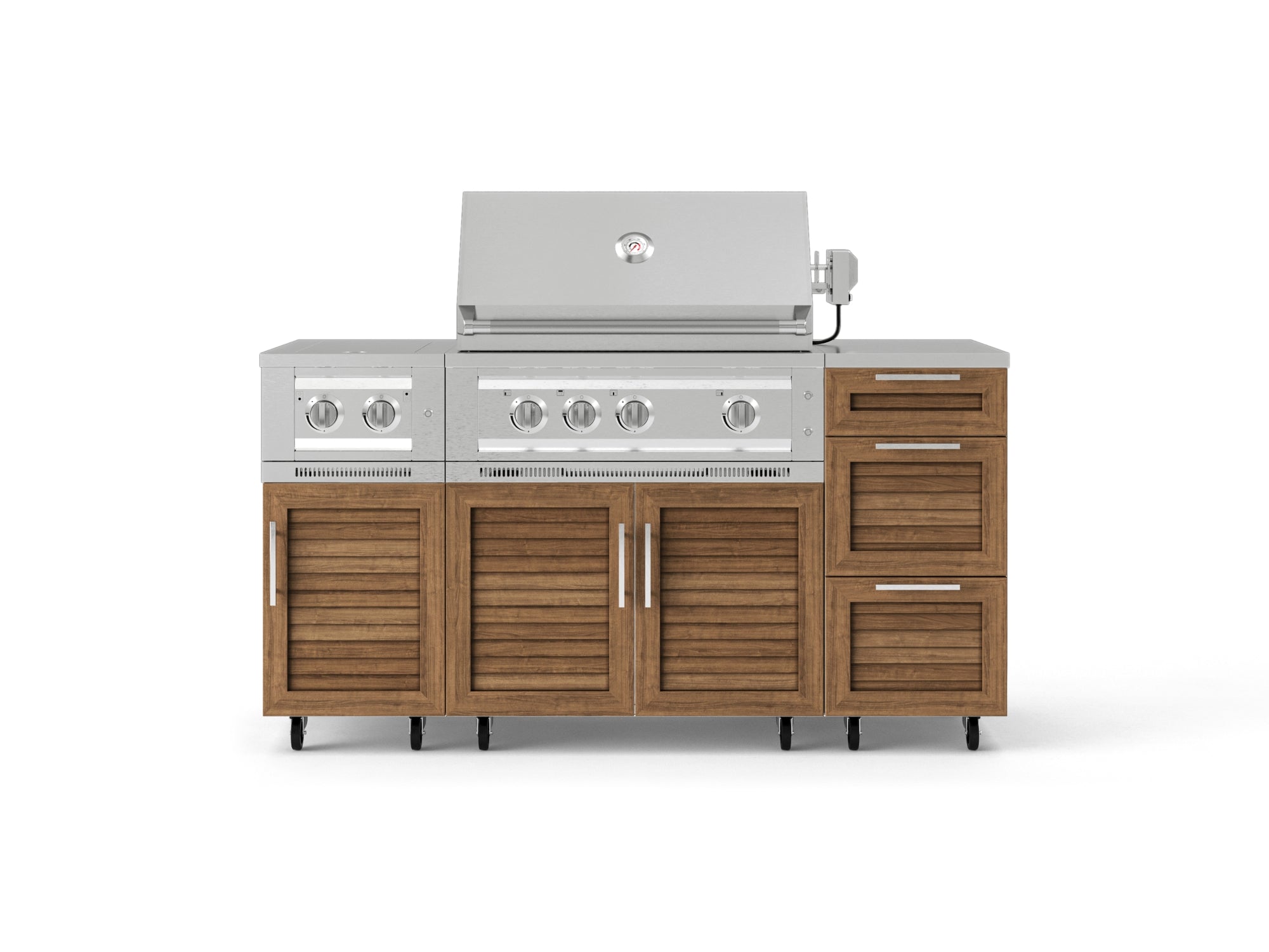 Outdoor Grill Island Stainless-Steel Louvered Doors 6 Piece Cabinet Set with Casters and 3-Drawer, Grill Cabinet, Platinum Grill, Dual Side Burner, Countertop