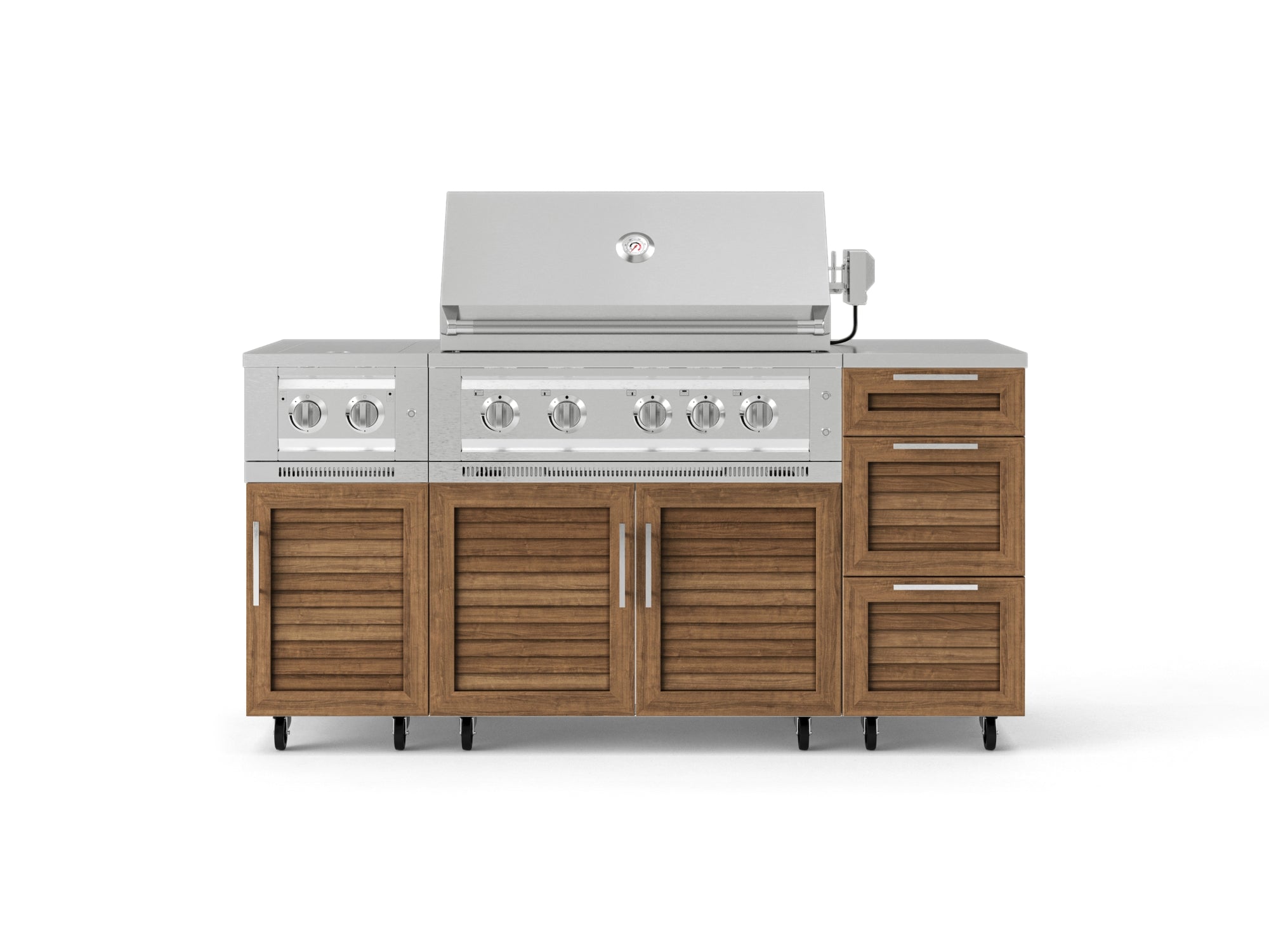 Outdoor Grill Island Stainless-Steel Louvered Doors 6 Piece Cabinet Set with Casters and 3-Drawer, Grill Cabinet, Platinum Grill, Dual Side Burner, Countertop