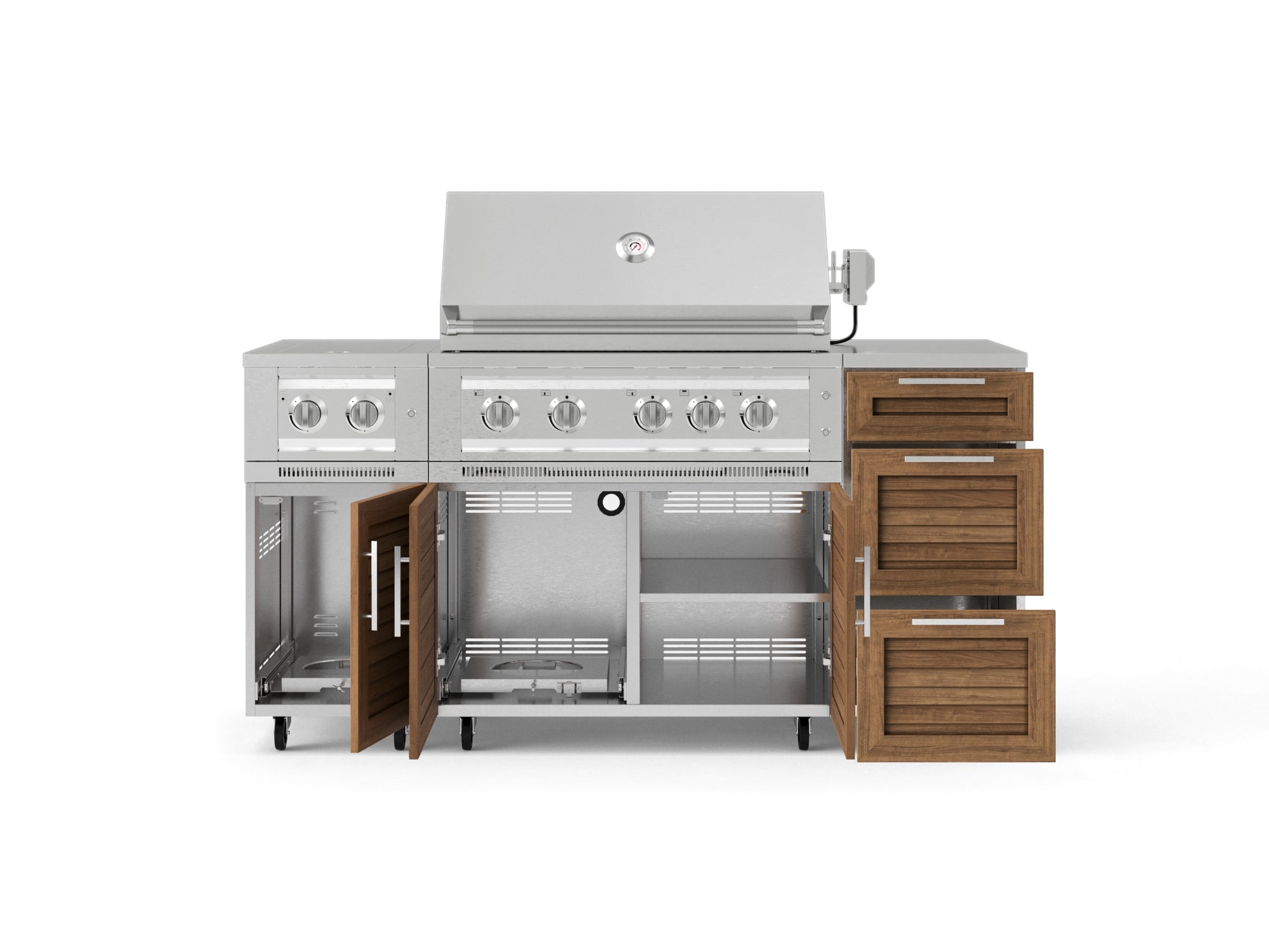 Outdoor Grill Island Stainless-Steel Louvered Doors 6 Piece Cabinet Set with Casters and 3-Drawer, Grill Cabinet, Platinum Grill, Dual Side Burner, Countertop