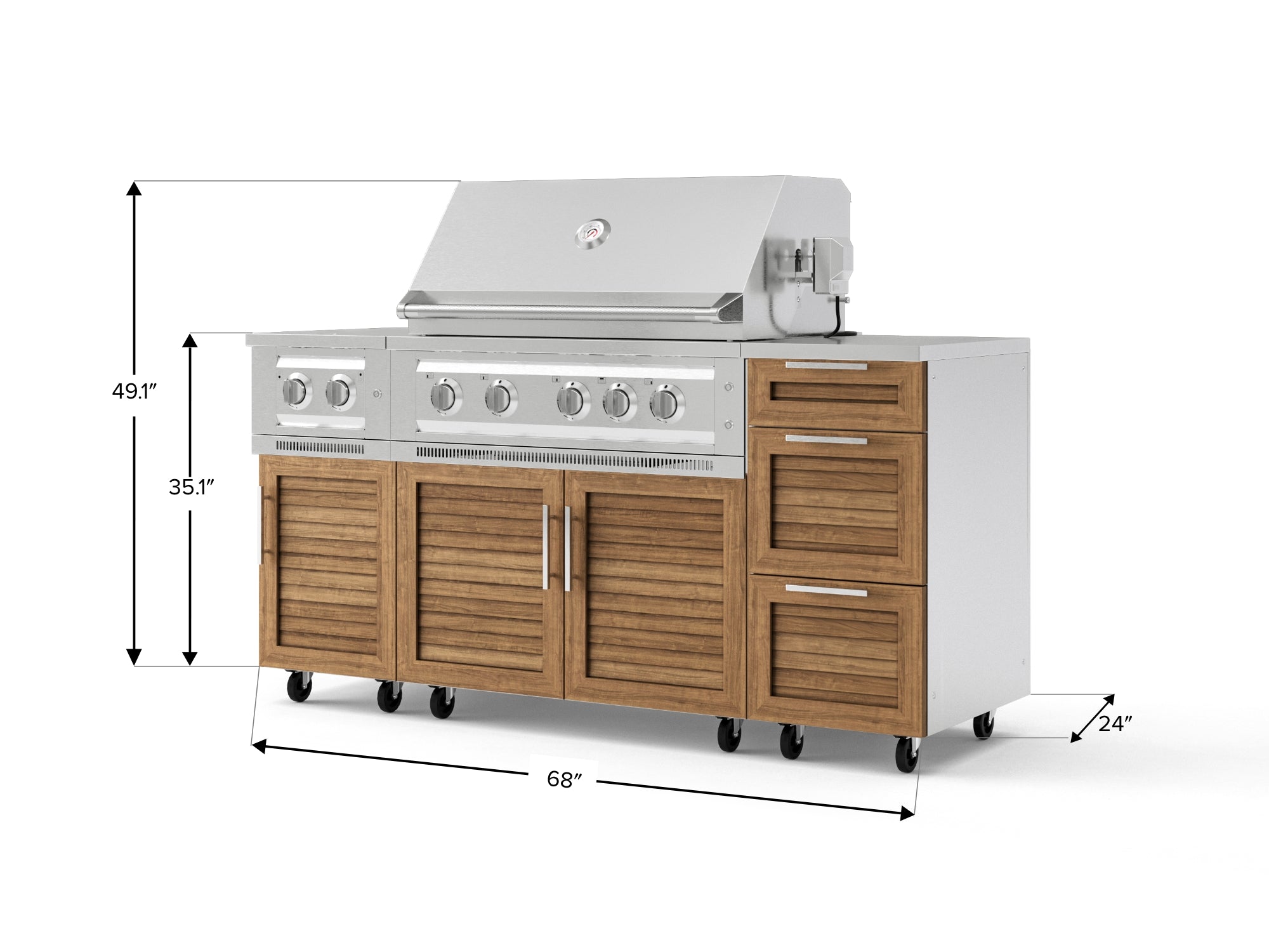 Outdoor Grill Island Stainless-Steel Louvered Doors 6 Piece Cabinet Set with Casters and 3-Drawer, Grill Cabinet, Platinum Grill, Dual Side Burner, Countertop