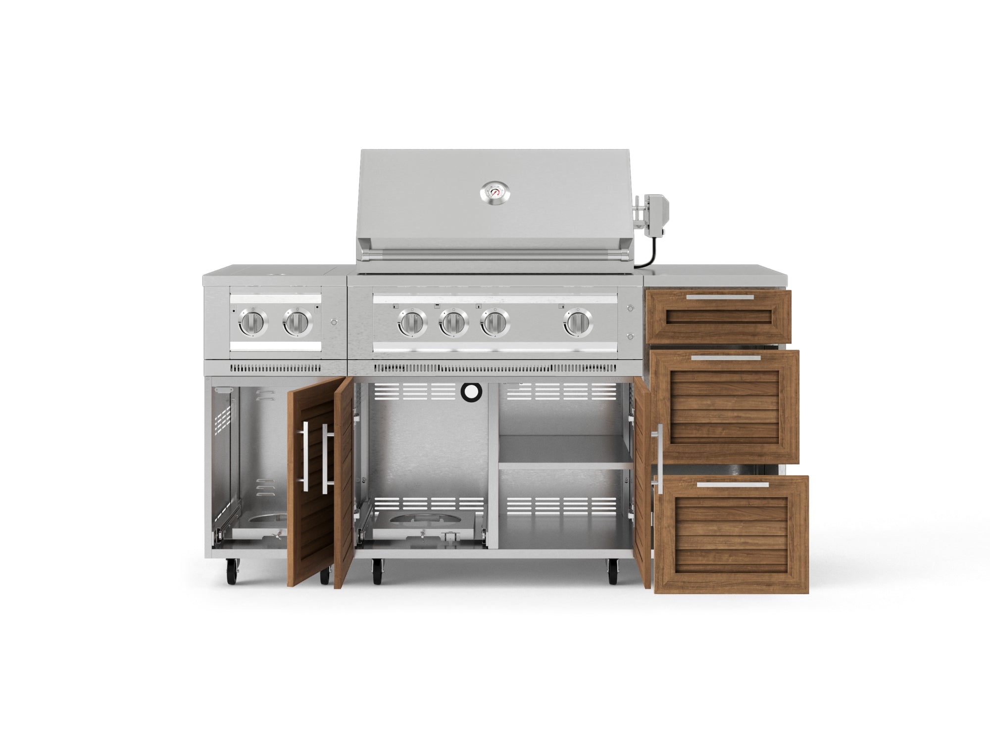 Outdoor Grill Island Stainless-Steel Louvered Doors 6 Piece Cabinet Set with Casters and 3-Drawer, Grill Cabinet, Platinum Grill, Dual Side Burner, Countertop