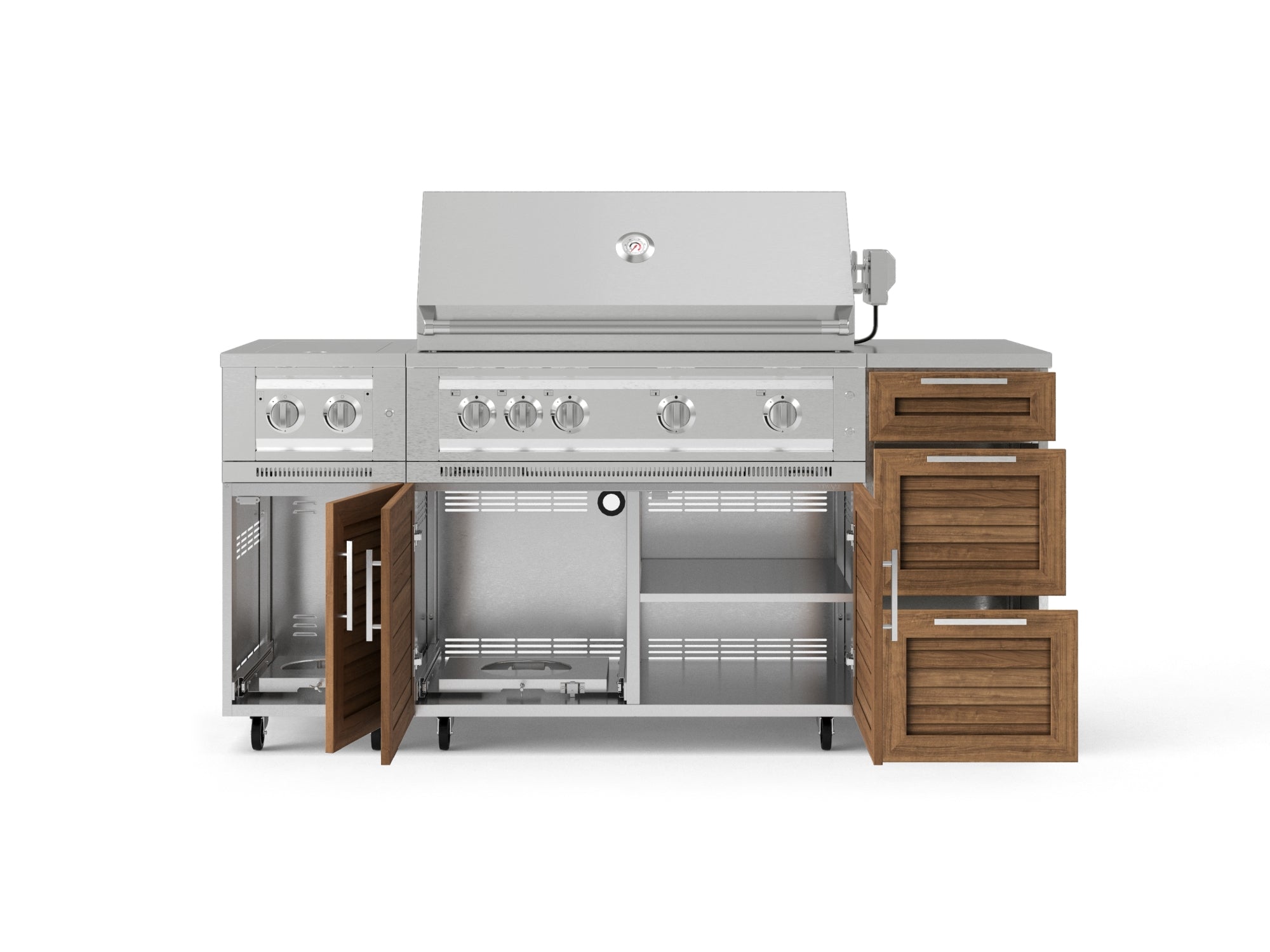 Outdoor Grill Island Stainless-Steel Louvered Doors 6 Piece Cabinet Set with Casters and 3-Drawer, Grill Cabinet, Platinum Grill, Dual Side Burner, Countertop