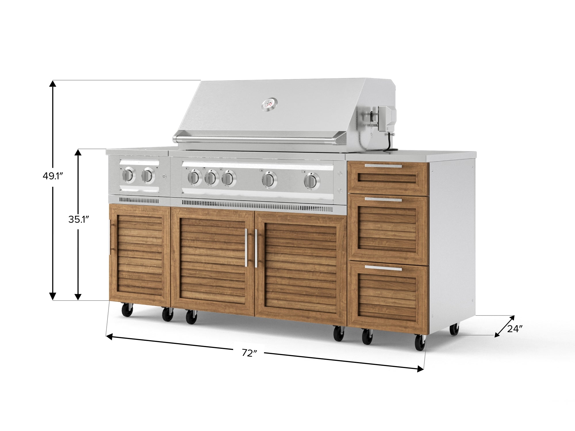 Outdoor Grill Island Stainless-Steel Louvered Doors 6 Piece Cabinet Set with Casters and 3-Drawer, Grill Cabinet, Platinum Grill, Dual Side Burner, Countertop