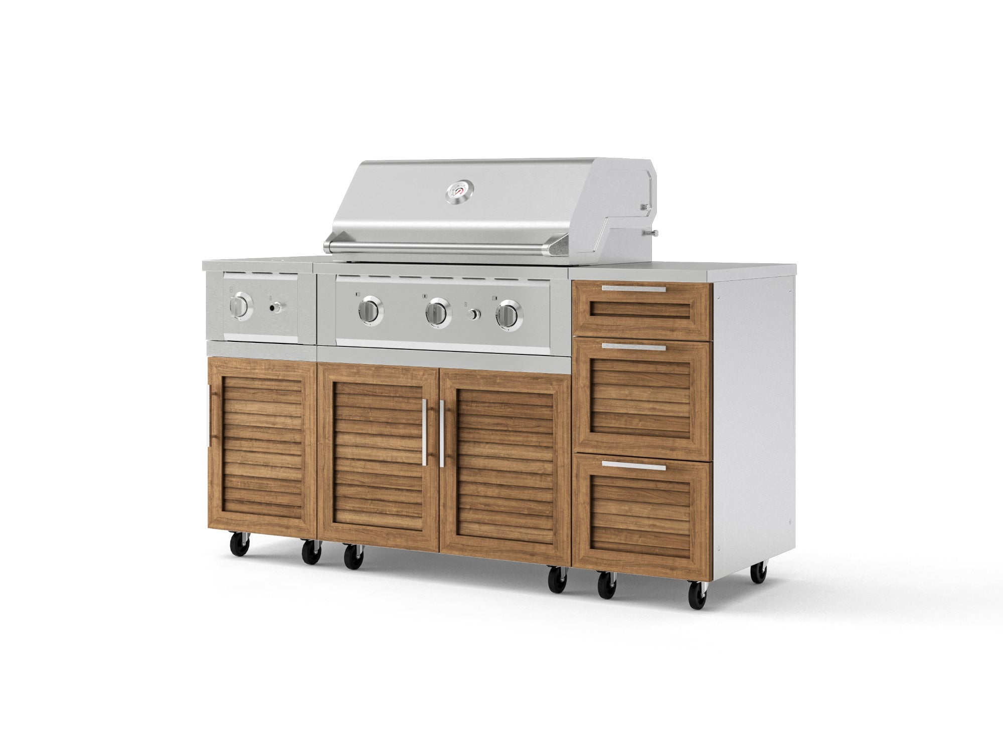 Outdoor Grill Island Stainless-Steel Louvered Doors 6 Piece Cabinet Set with Casters and 3-Drawer, Grill Cabinet, Performance Grill, Side Burner, Countertop