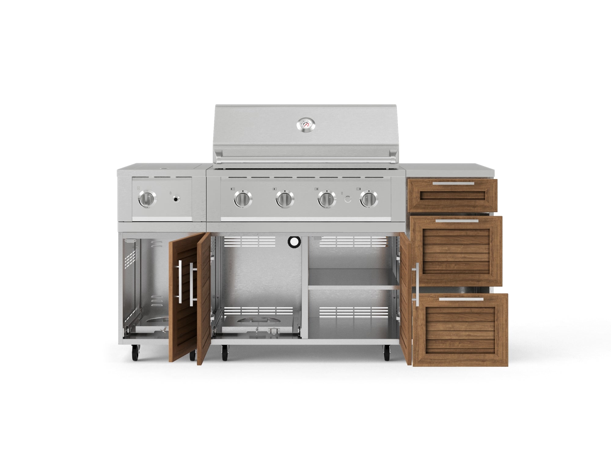 Outdoor Grill Island Stainless-Steel Louvered Doors 6 Piece Cabinet Set with Casters and 3-Drawer, Grill Cabinet, Performance Grill, Side Burner, Countertop
