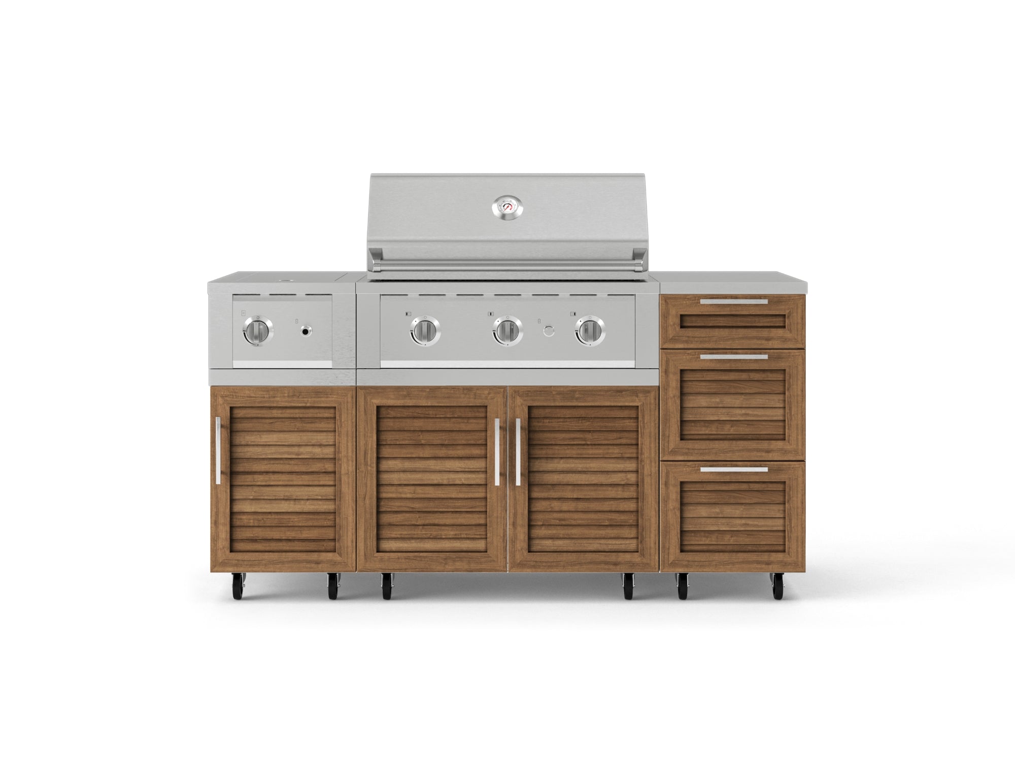 Outdoor Grill Island Stainless-Steel Louvered Doors 6 Piece Cabinet Set with Casters and 3-Drawer, Grill Cabinet, Performance Grill, Side Burner, Countertop