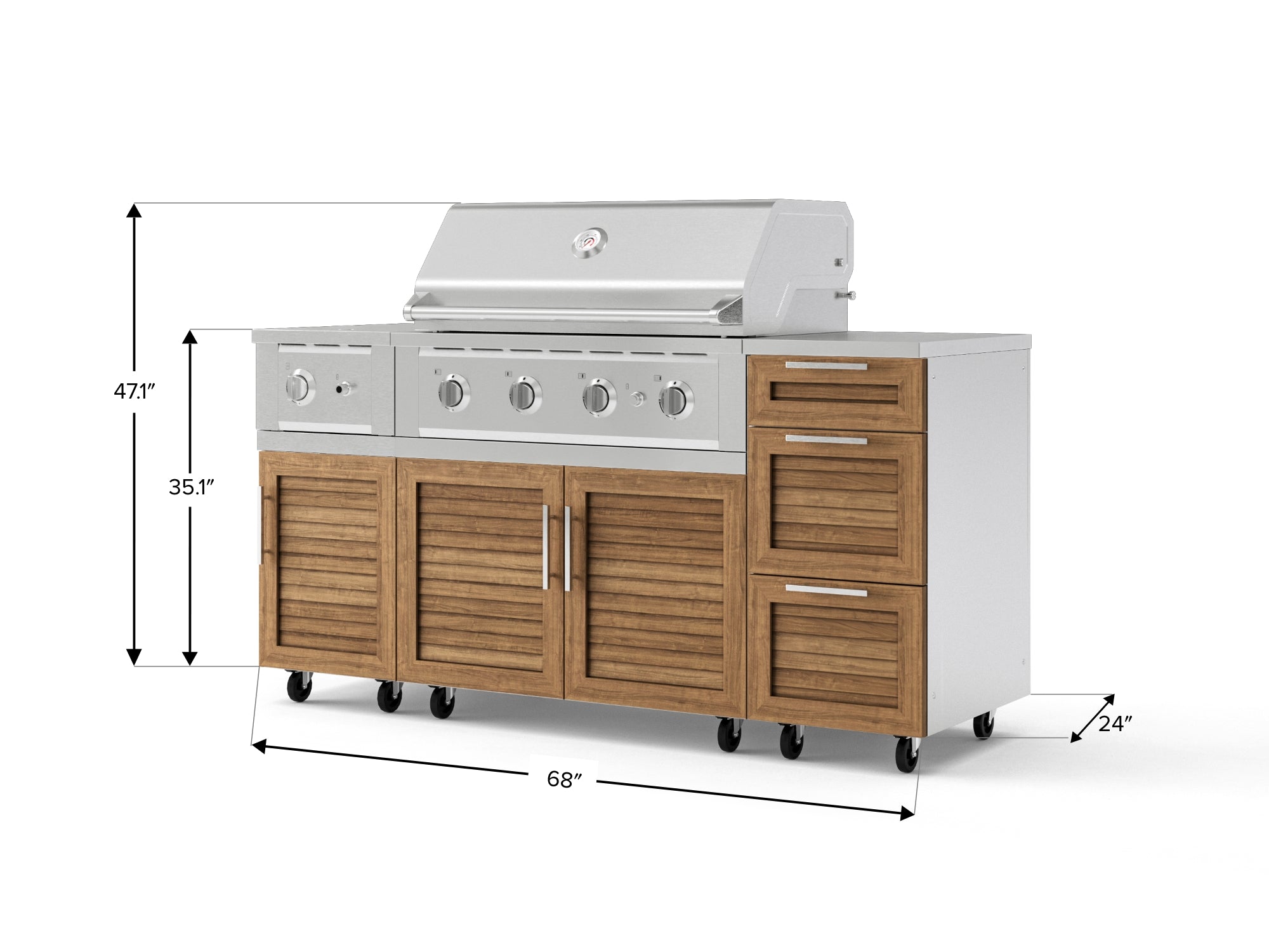 Outdoor Grill Island Stainless-Steel Louvered Doors 6 Piece Cabinet Set with Casters and 3-Drawer, Grill Cabinet, Performance Grill, Side Burner, Countertop