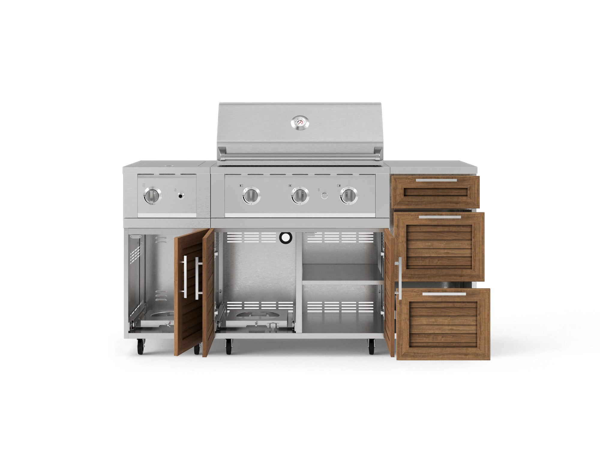 Outdoor Grill Island Stainless-Steel Louvered Doors 6 Piece Cabinet Set with Casters and 3-Drawer, Grill Cabinet, Performance Grill, Side Burner, Countertop