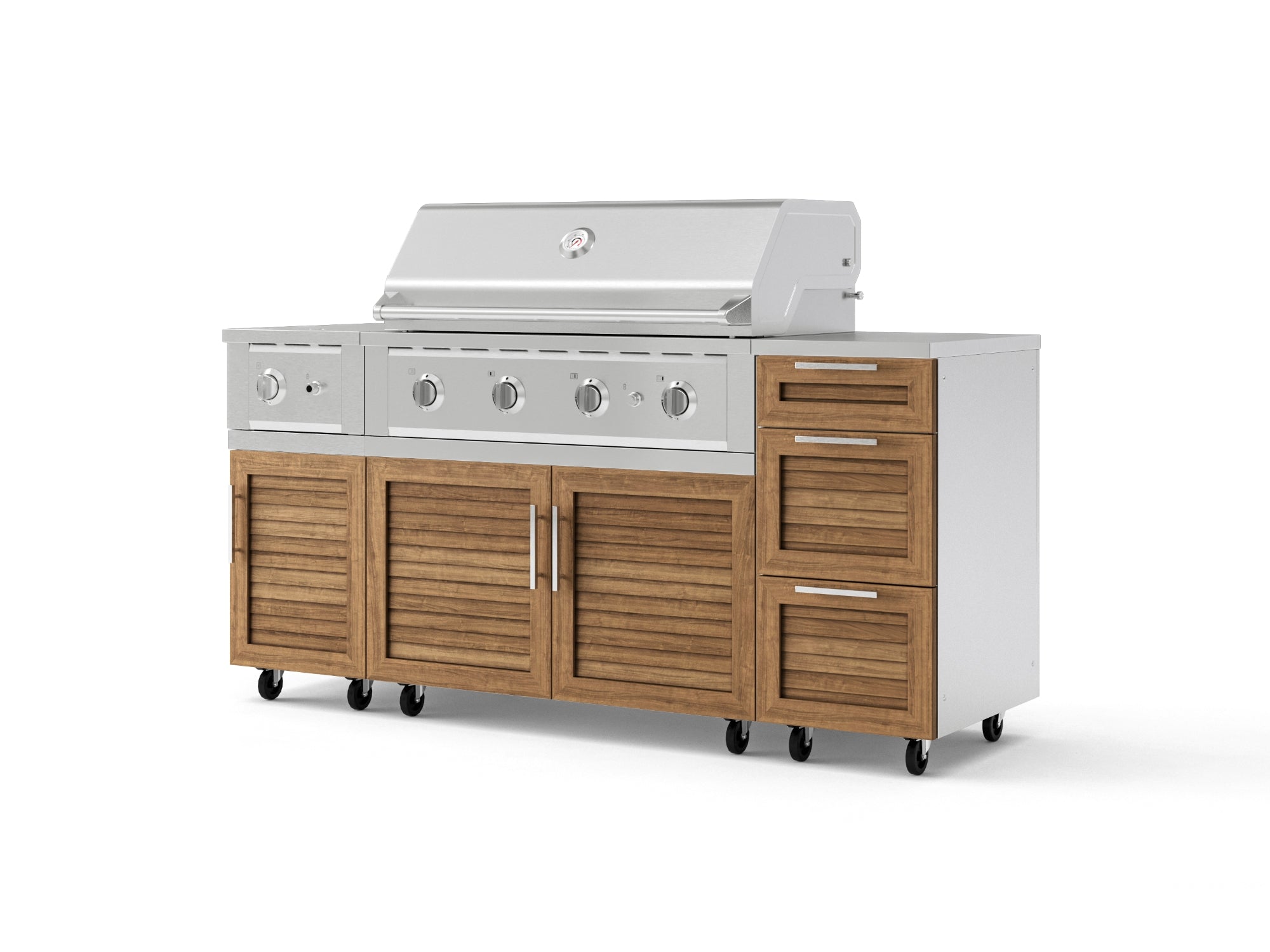 Outdoor Grill Island Stainless-Steel Louvered Doors 6 Piece Cabinet Set with Casters and 3-Drawer, Grill Cabinet, Performance Grill, Side Burner, Countertop