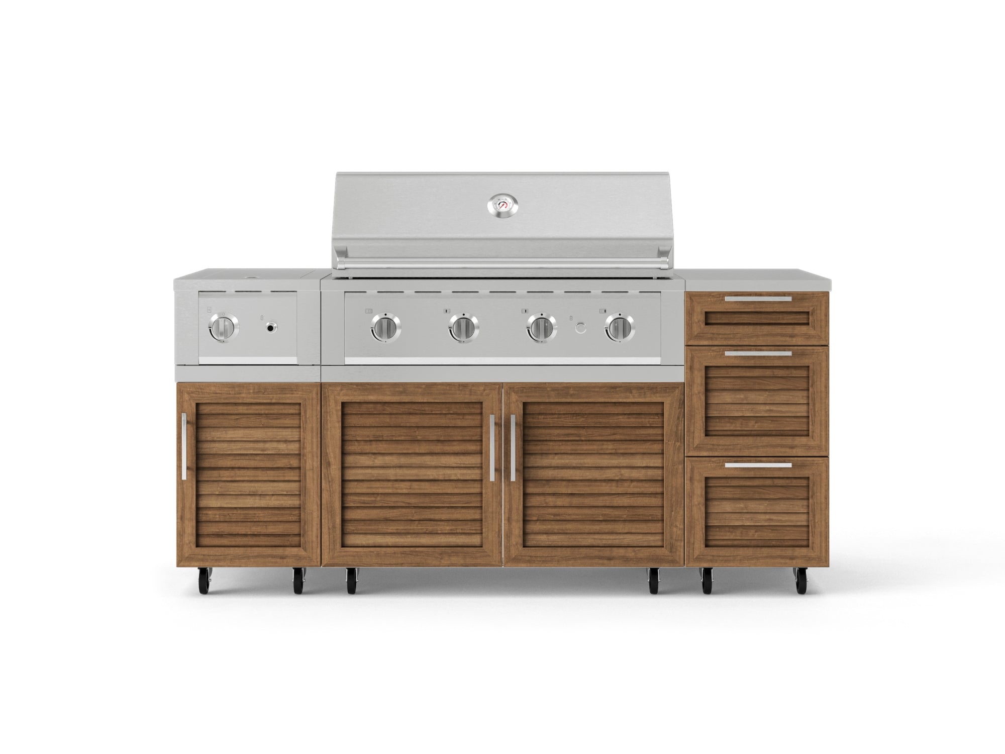 Outdoor Grill Island Stainless-Steel Louvered Doors 6 Piece Cabinet Set with Casters and 3-Drawer, Grill Cabinet, Performance Grill, Side Burner, Countertop
