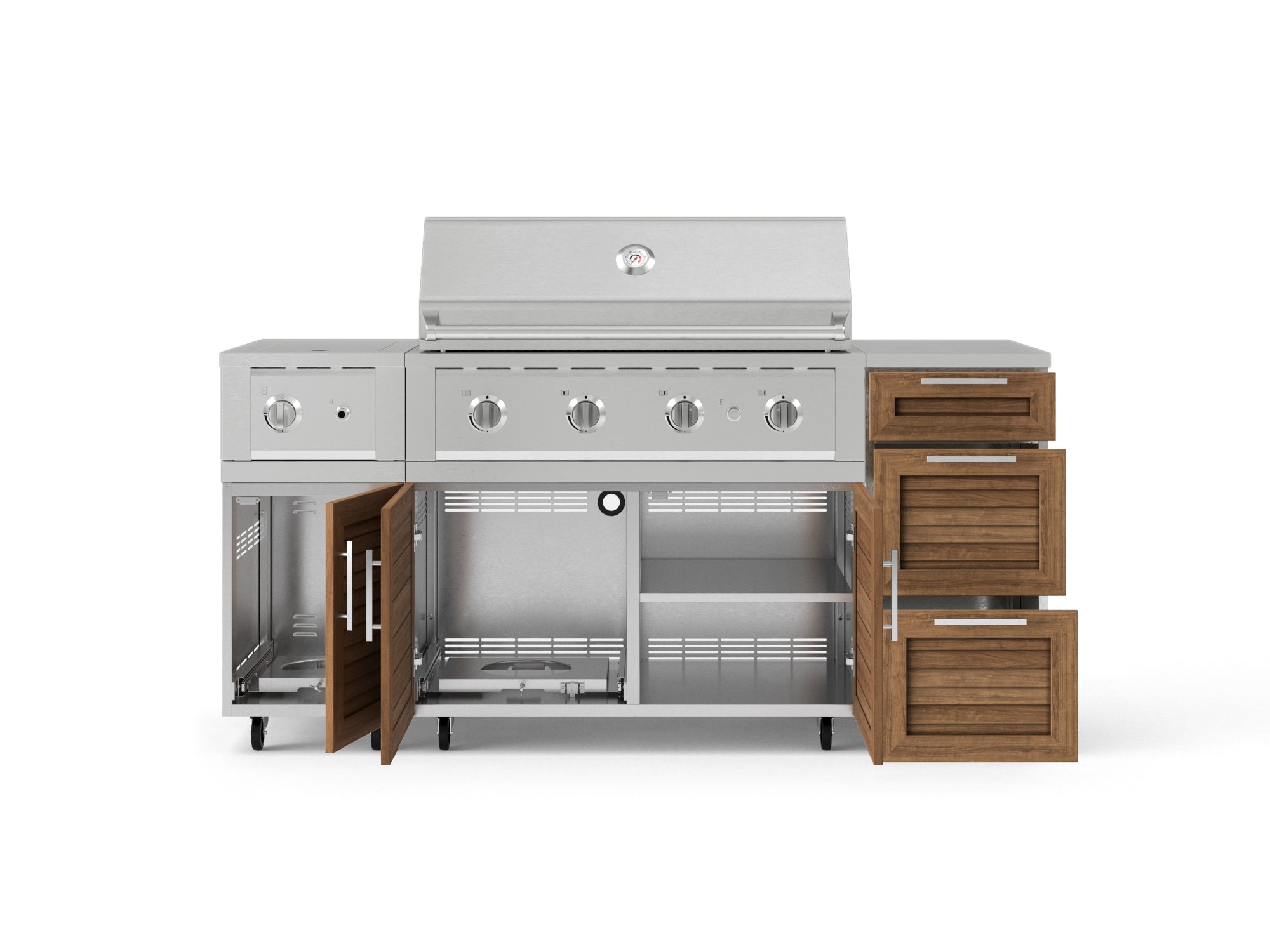 Outdoor Grill Island Stainless-Steel Louvered Doors 6 Piece Cabinet Set with Casters and 3-Drawer, Grill Cabinet, Performance Grill, Side Burner, Countertop