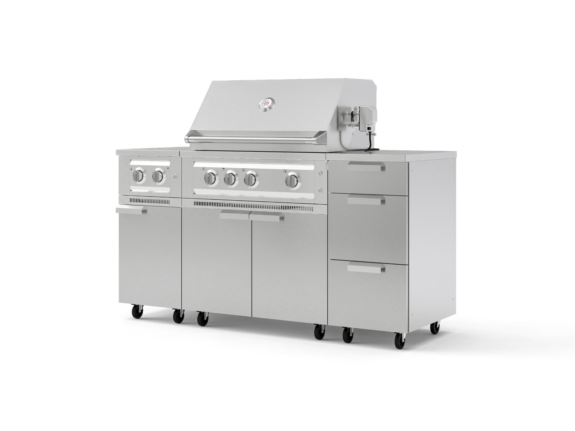 Outdoor Grill Island Stainless-Steel 6 Piece Cabinet Set with Casters and 3-Drawer, Grill Cabinet, Platinum Grill, Dual Side Burner, Countertop