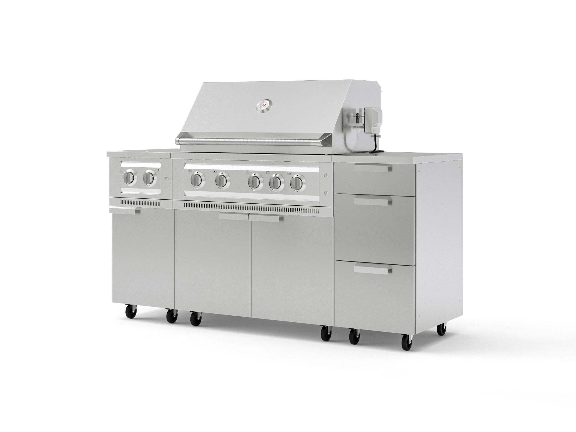 Outdoor Grill Island Stainless-Steel 6 Piece Cabinet Set with Casters and 3-Drawer, Grill Cabinet, Platinum Grill, Dual Side Burner, Countertop