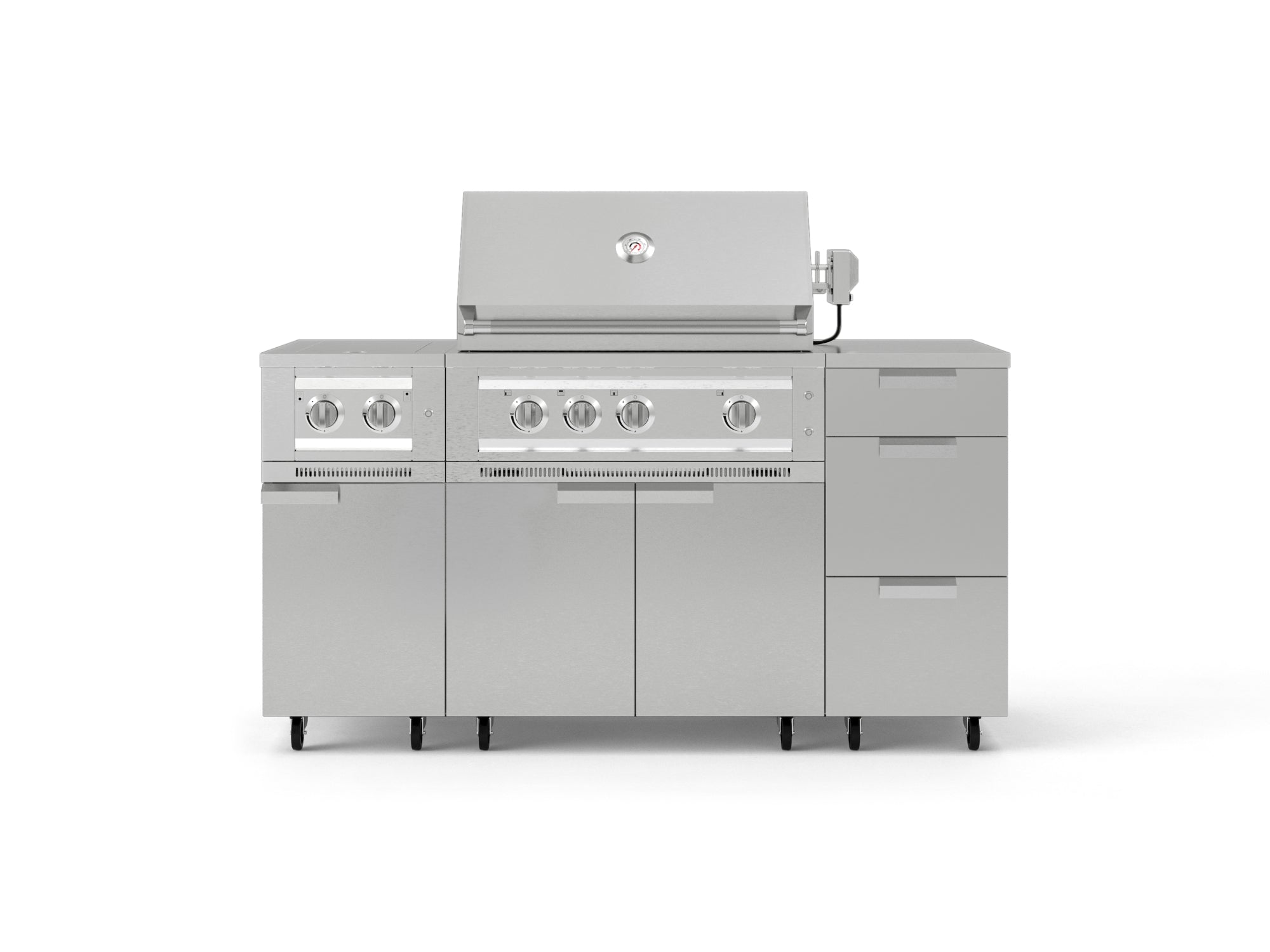 Outdoor Grill Island Stainless-Steel 6 Piece Cabinet Set with Casters and 3-Drawer, Grill Cabinet, Platinum Grill, Dual Side Burner, Countertop