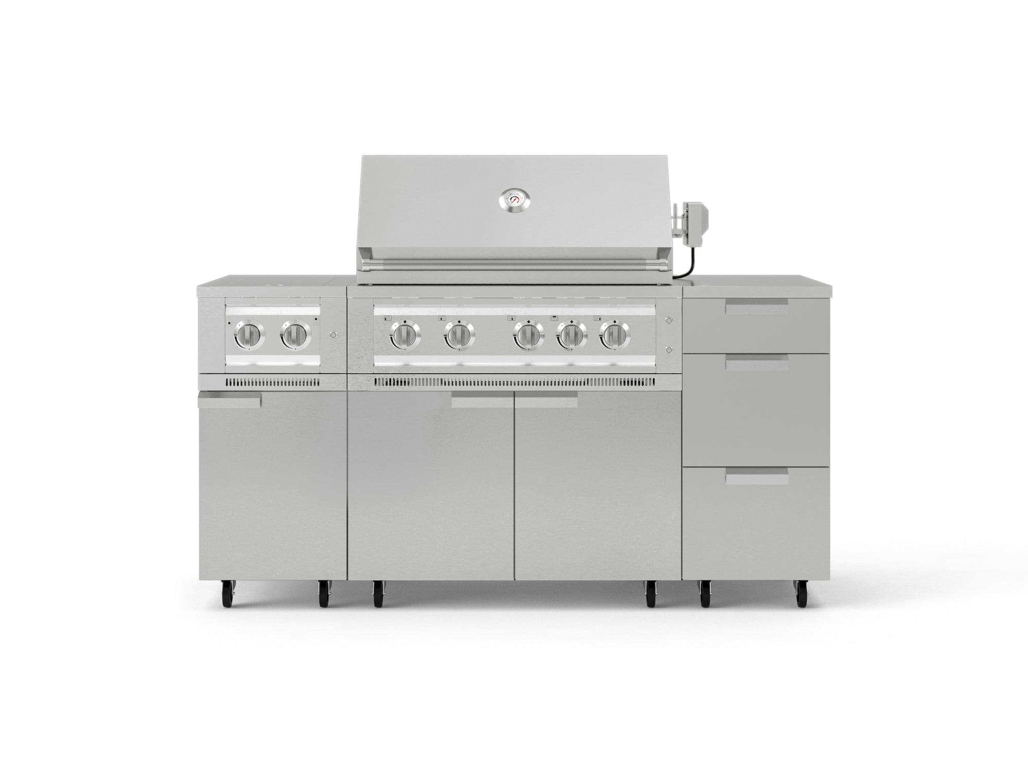 Outdoor Grill Island Stainless-Steel 6 Piece Cabinet Set with Casters and 3-Drawer, Grill Cabinet, Platinum Grill, Dual Side Burner, Countertop