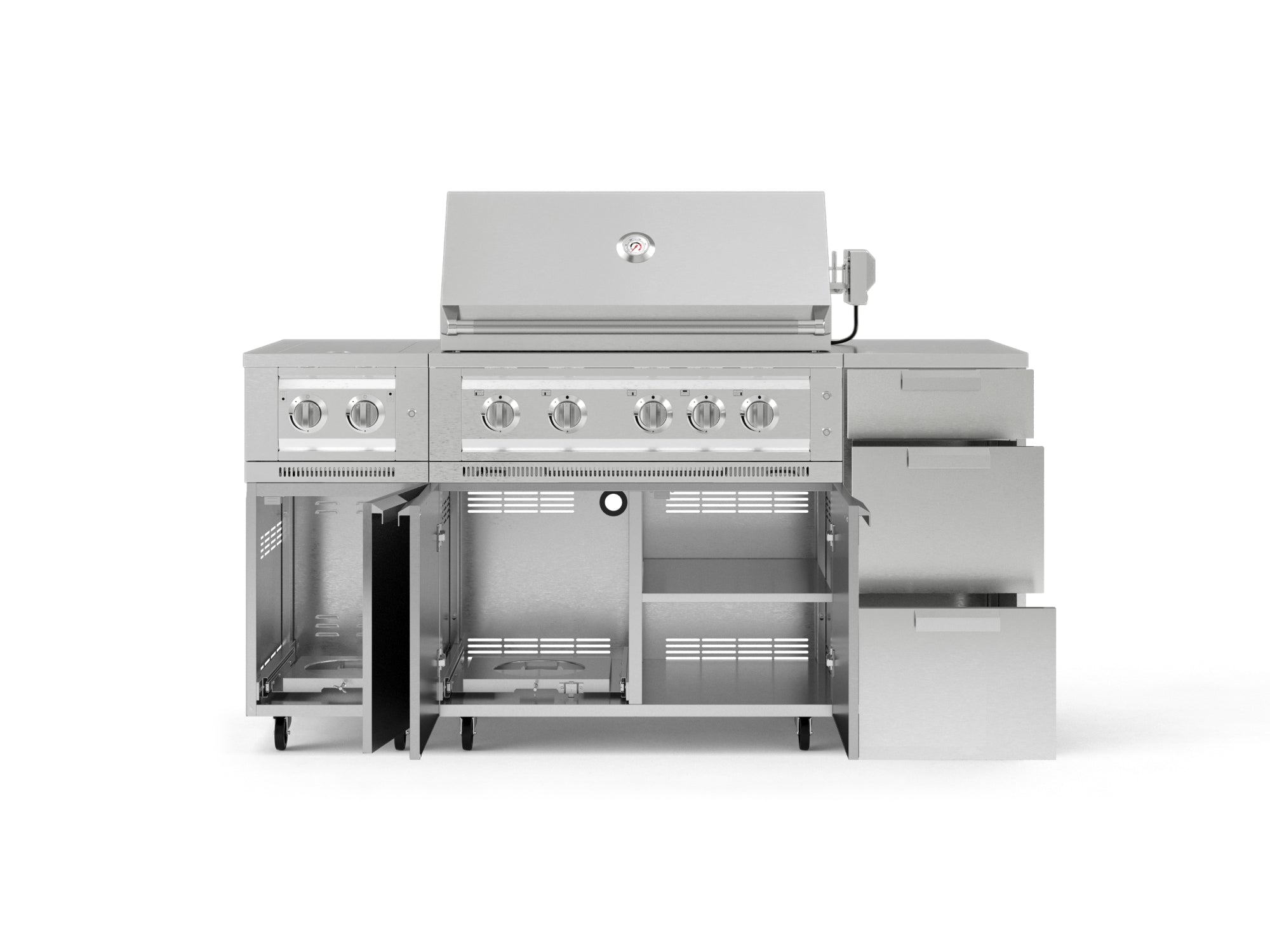 Outdoor Grill Island Stainless-Steel 6 Piece Cabinet Set with Casters and 3-Drawer, Grill Cabinet, Platinum Grill, Dual Side Burner, Countertop