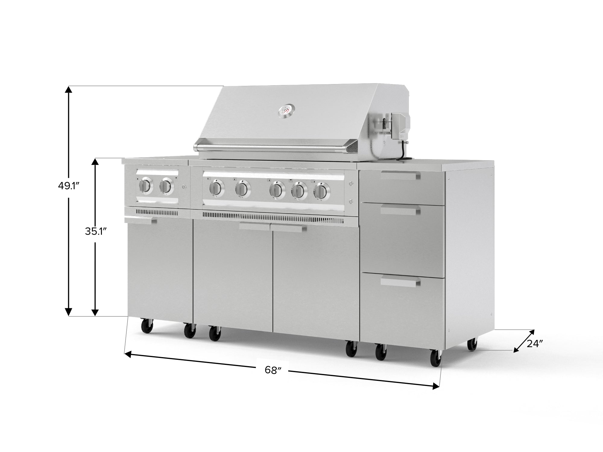 Outdoor Grill Island Stainless-Steel 6 Piece Cabinet Set with Casters and 3-Drawer, Grill Cabinet, Platinum Grill, Dual Side Burner, Countertop