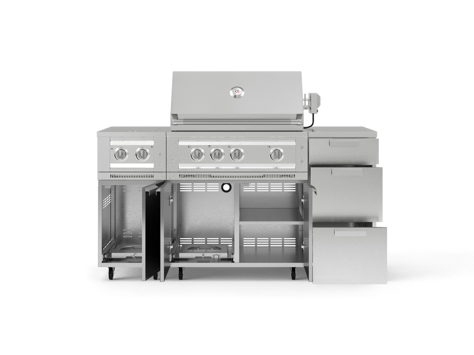Outdoor Grill Island Stainless-Steel 6 Piece Cabinet Set with Casters and 3-Drawer, Grill Cabinet, Platinum Grill, Dual Side Burner, Countertop