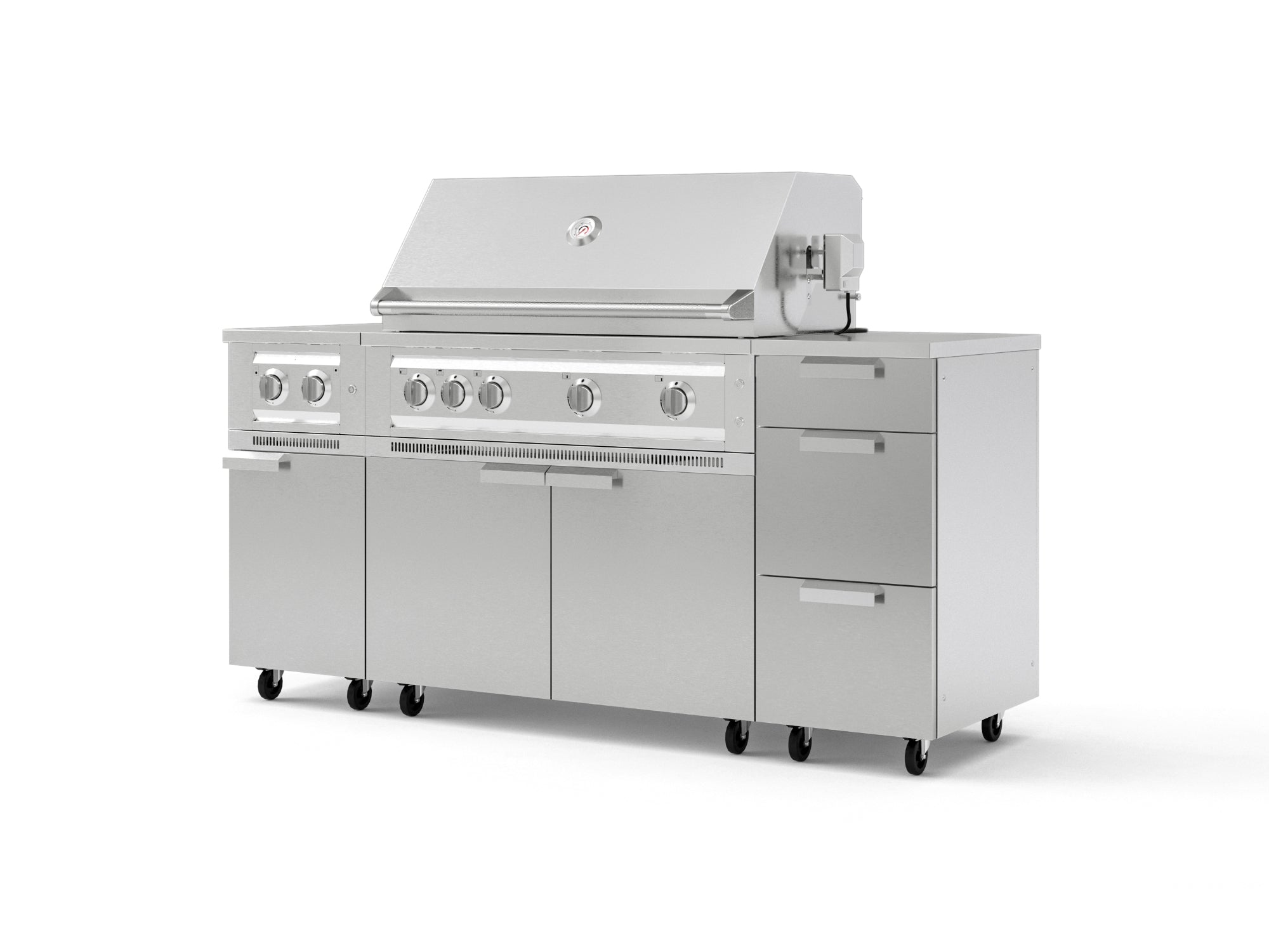 Outdoor Grill Island Stainless-Steel 6 Piece Cabinet Set with Casters and 3-Drawer, Grill Cabinet, Platinum Grill, Dual Side Burner, Countertop