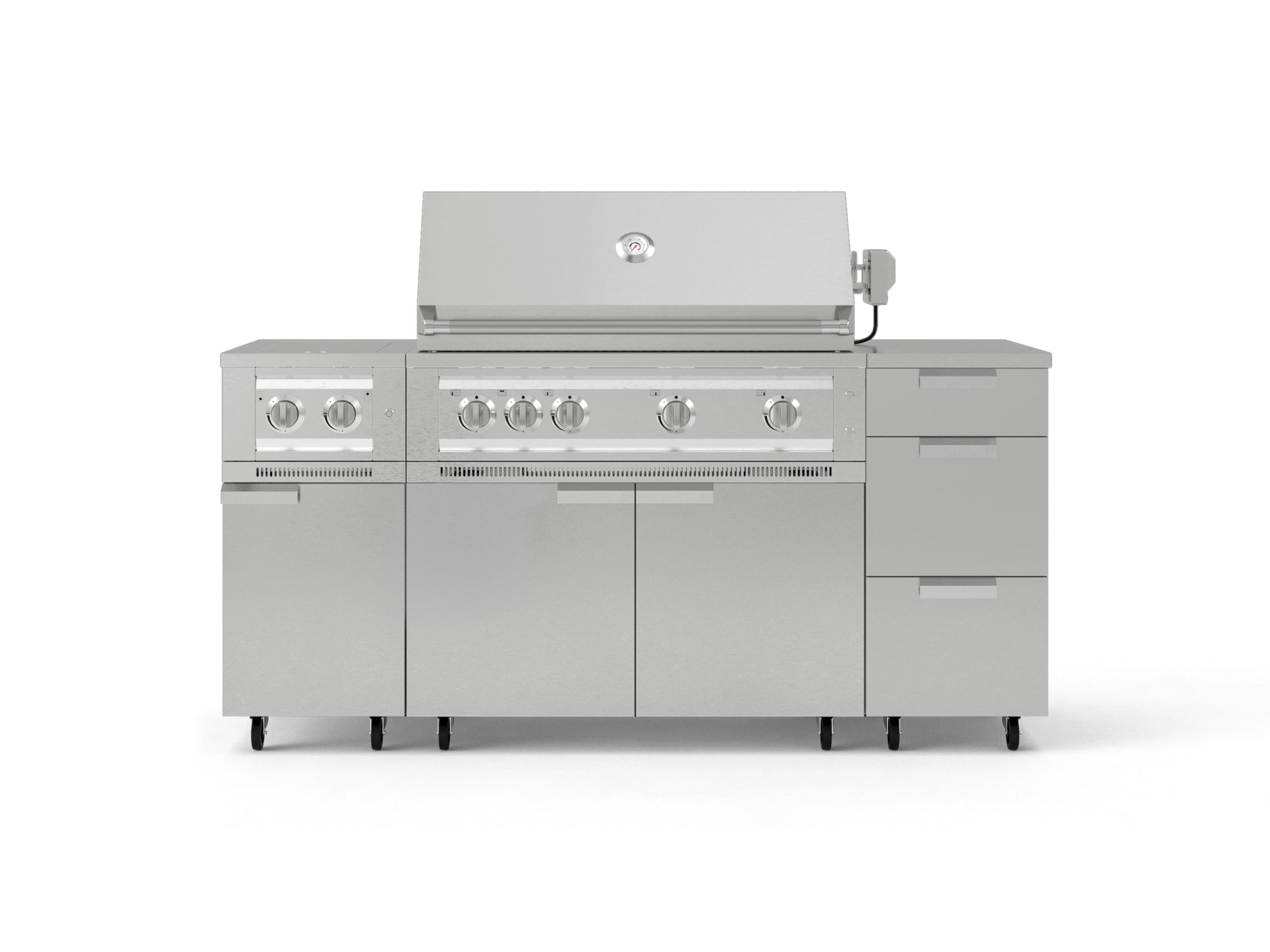 Outdoor Grill Island Stainless-Steel 6 Piece Cabinet Set with Casters and 3-Drawer, Grill Cabinet, Platinum Grill, Dual Side Burner, Countertop