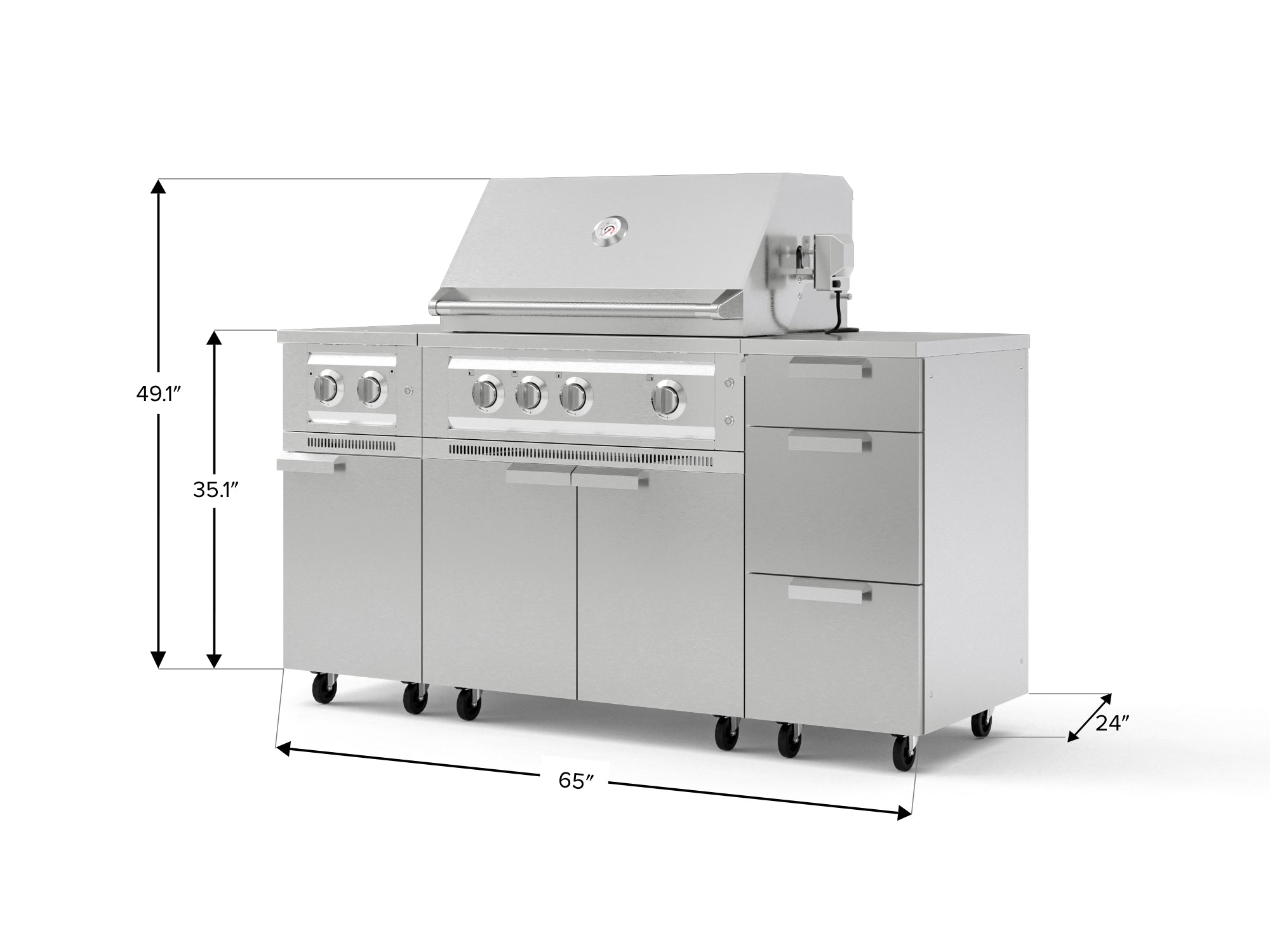 Outdoor Grill Island Stainless-Steel 6 Piece Cabinet Set with Casters and 3-Drawer, Grill Cabinet, Platinum Grill, Dual Side Burner, Countertop