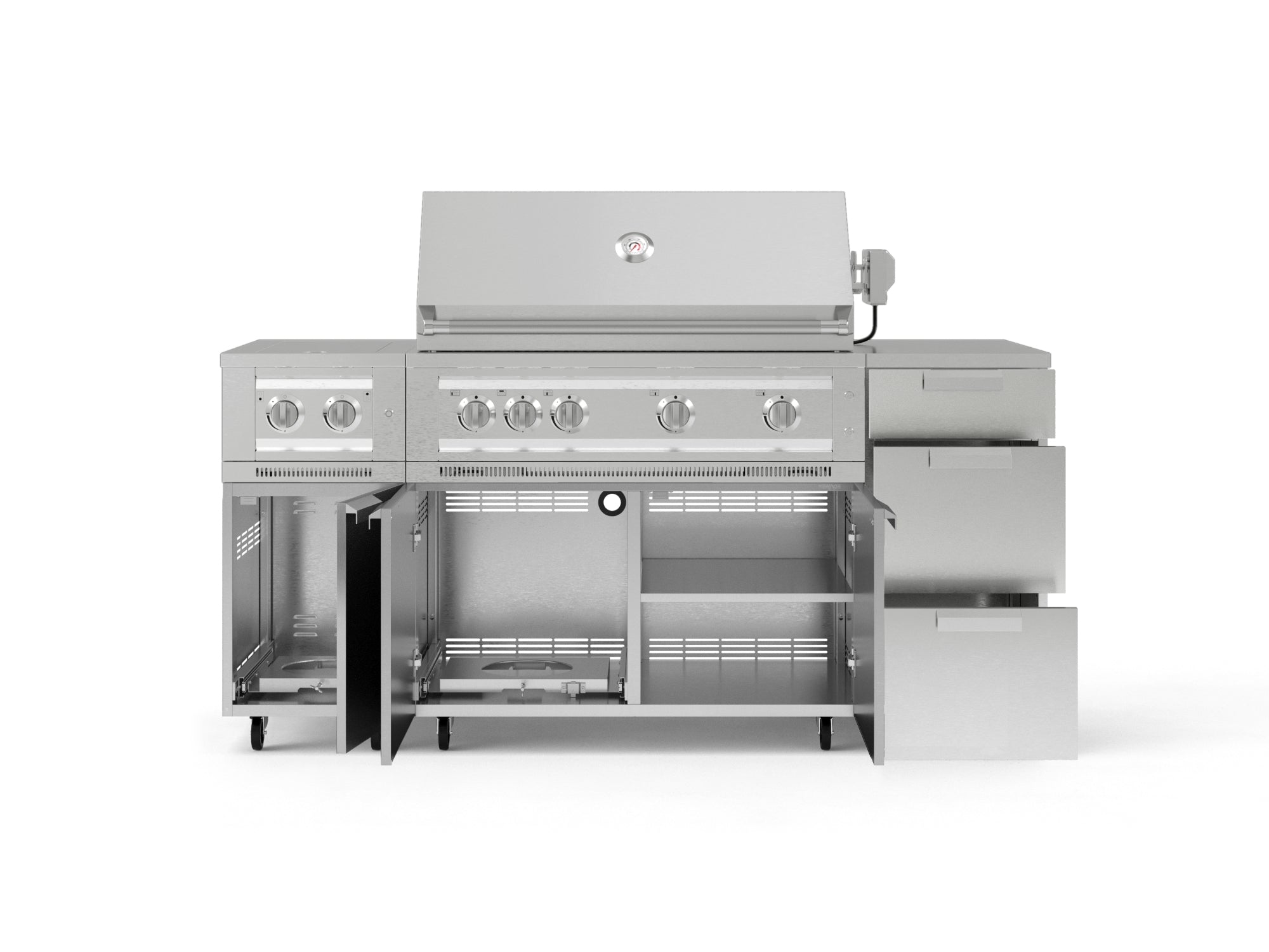 Outdoor Grill Island Stainless-Steel 6 Piece Cabinet Set with Casters and 3-Drawer, Grill Cabinet, Platinum Grill, Dual Side Burner, Countertop