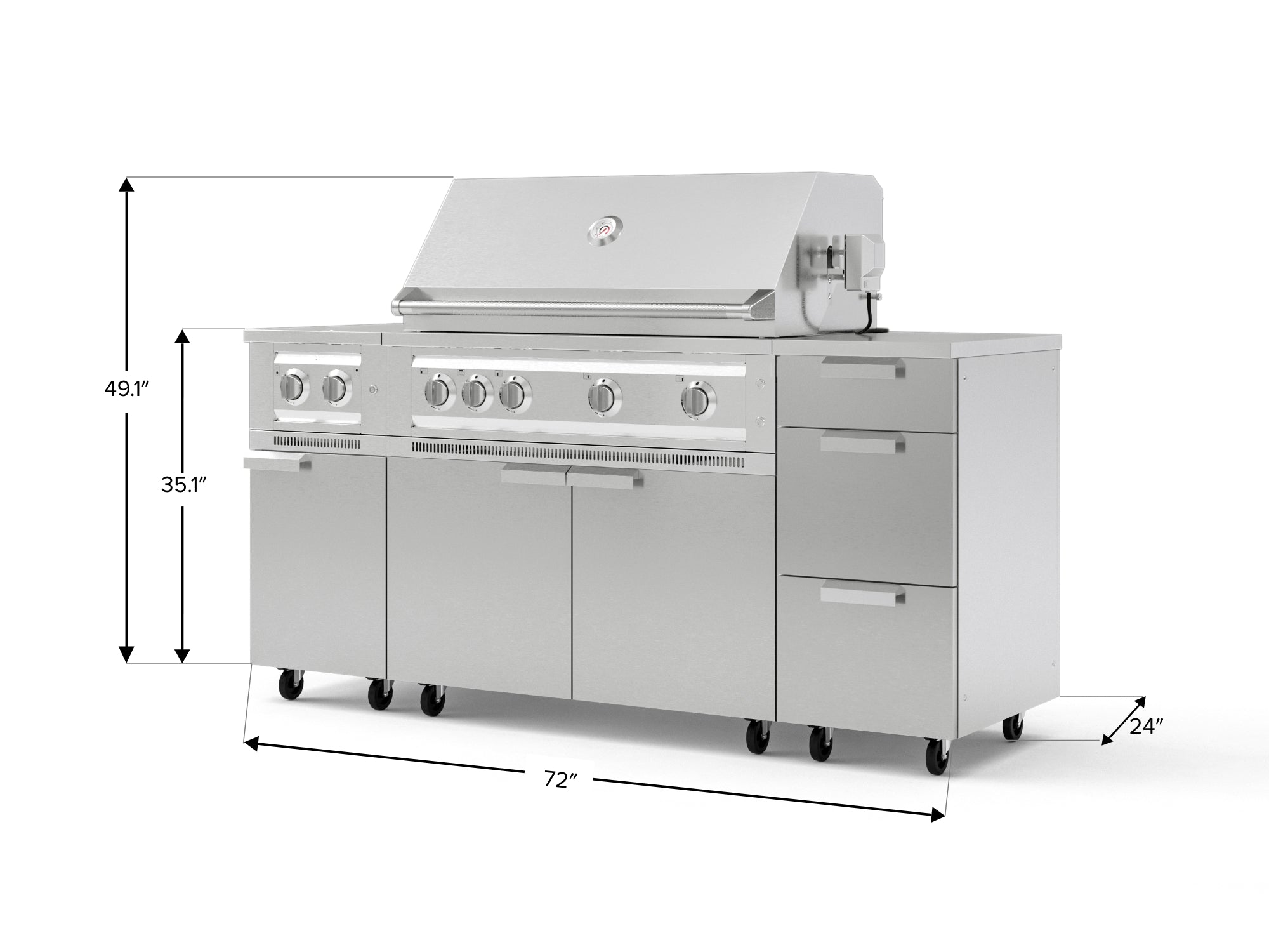Outdoor Grill Island Stainless-Steel 6 Piece Cabinet Set with Casters and 3-Drawer, Grill Cabinet, Platinum Grill, Dual Side Burner, Countertop