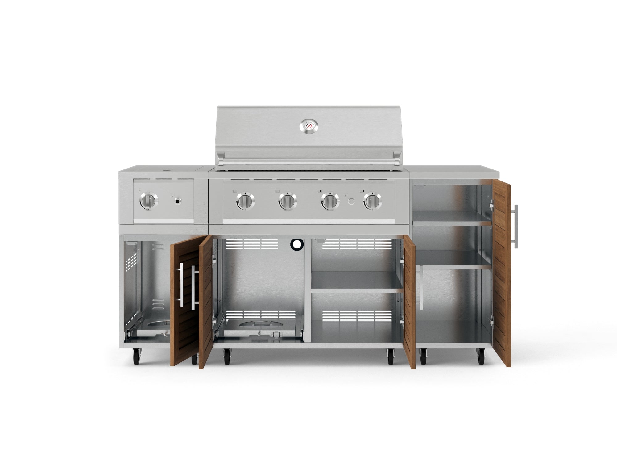 Outdoor Grill Island Stainless-Steel Louvered Doors 6 Piece Cabinet Set with Casters and 1-Door, Grill Cabinet, Performance Grill, Side Burner, Countertop