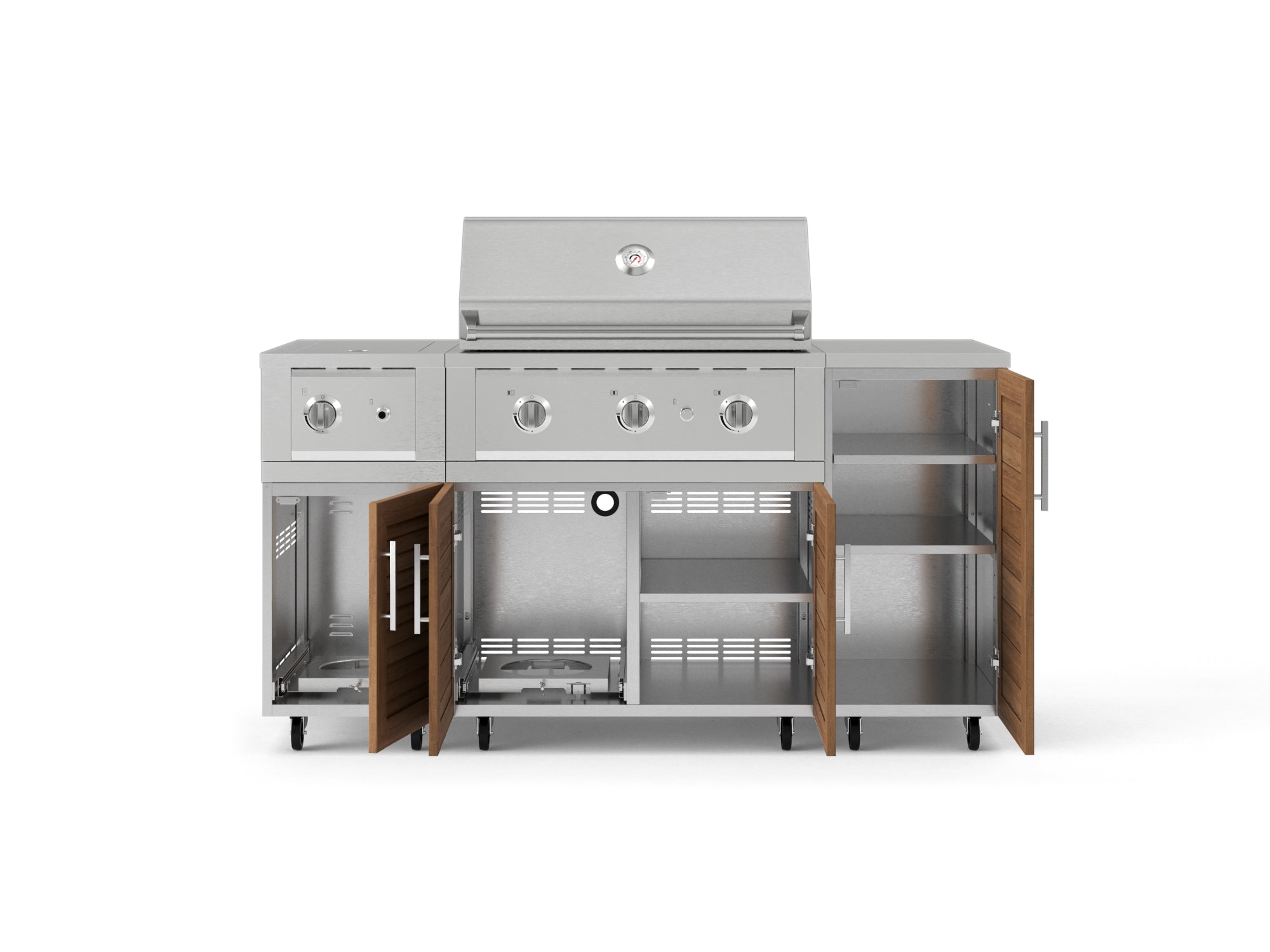 Outdoor Grill Island Stainless-Steel Louvered Doors 6 Piece Cabinet Set with Casters and 1-Door, Grill Cabinet, Performance Grill, Side Burner, Countertop