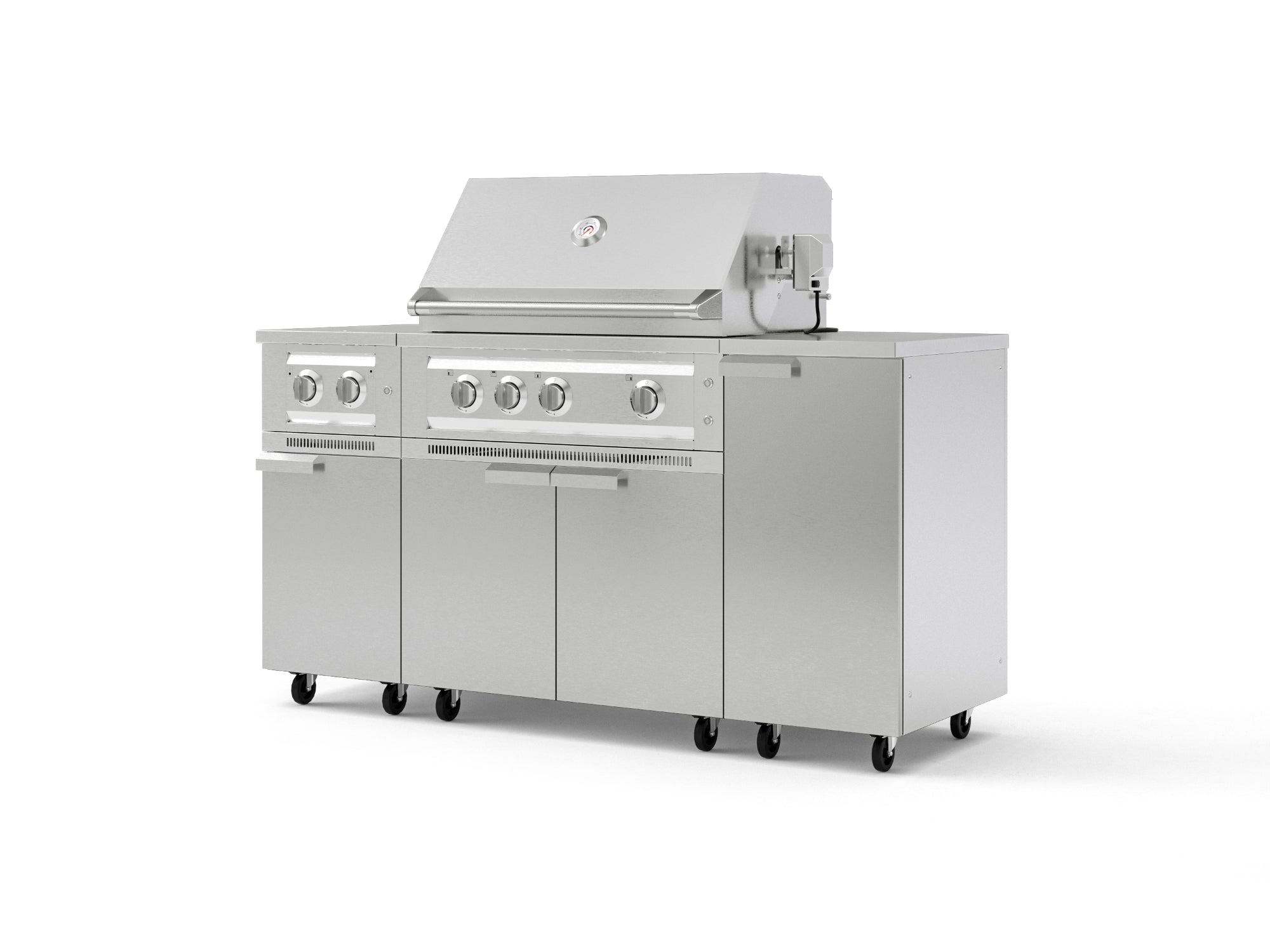Outdoor Grill Island Stainless-Steel 6 Piece Cabinet Set with Casters and 1-Door, Grill Cabinet, Platinum Grill, Dual Side Burner, Countertop