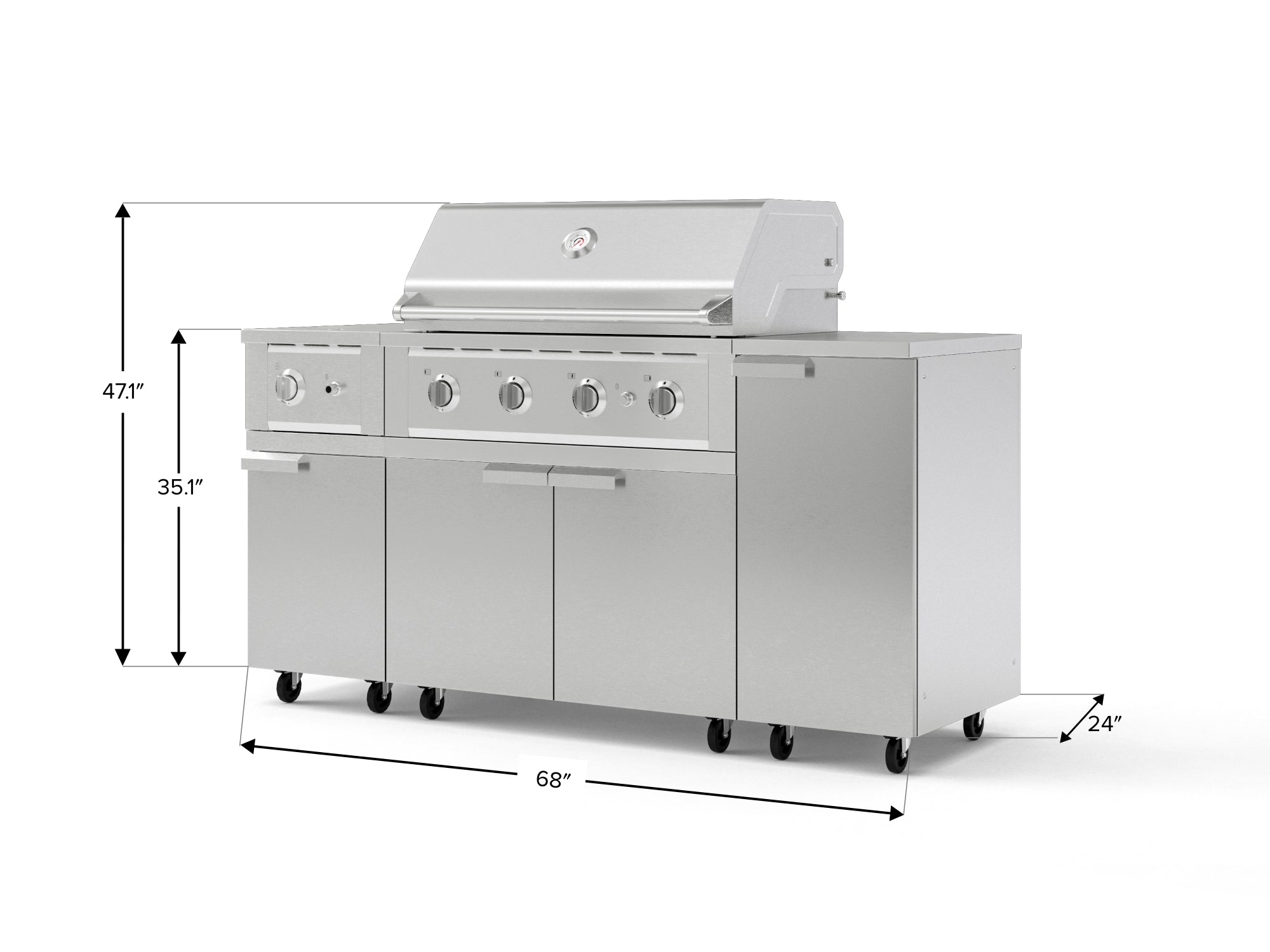 Outdoor Grill Island Stainless-Steel 6 Piece Cabinet Set with Casters and 1-Door, Grill Cabinet, Performance Grill, Side Burner, Countertop
