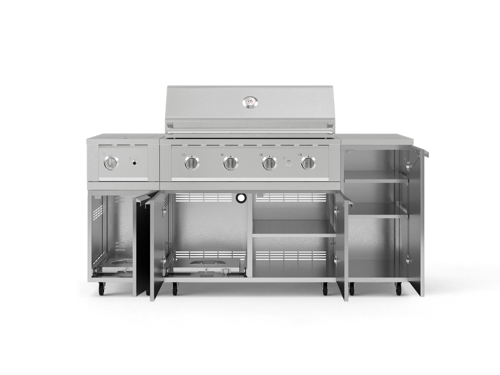 Outdoor Grill Island Stainless-Steel 6 Piece Cabinet Set with Casters and 1-Door, Grill Cabinet, Performance Grill, Side Burner, Countertop