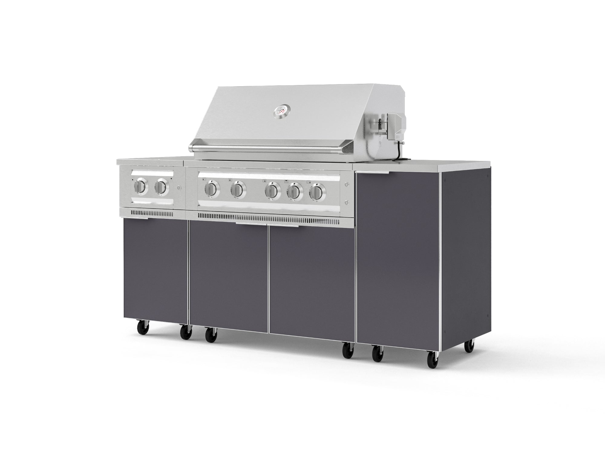 Outdoor Grill Island Aluminum 6 Piece Cabinet Set with Casters and 1-Door, Grill Cabinet, Platinum Grill, Dual Side Burner, Countertop