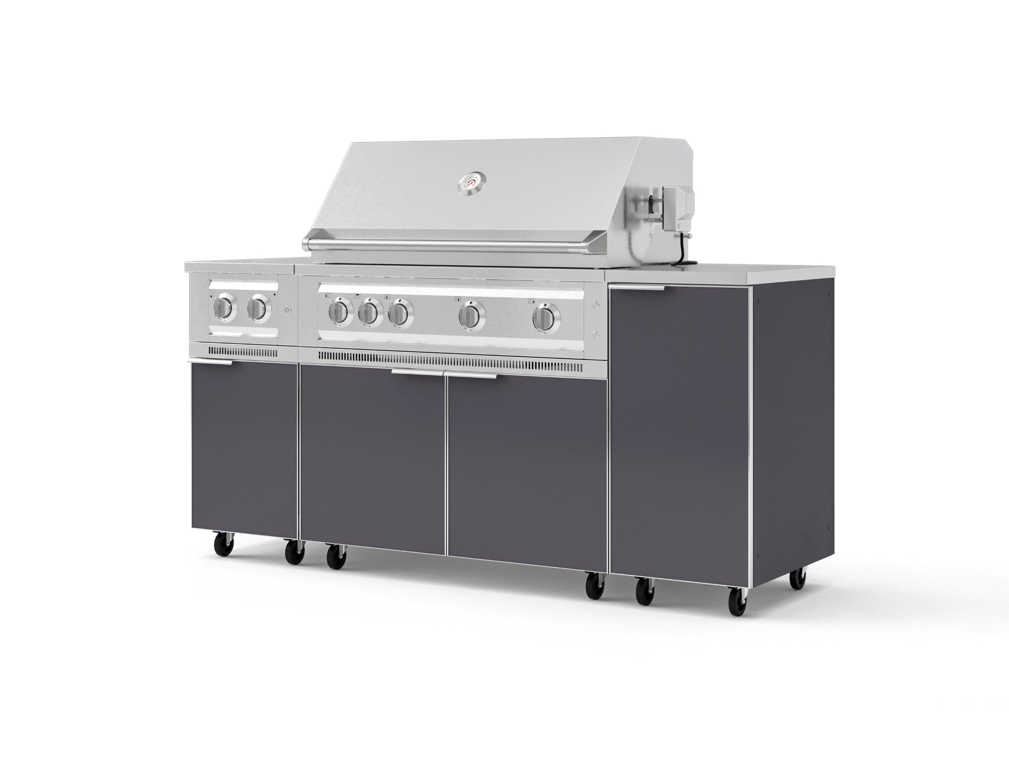 Outdoor Grill Island Aluminum 6 Piece Cabinet Set with Casters and 1-Door, Grill Cabinet, Platinum Grill, Dual Side Burner, Countertop
